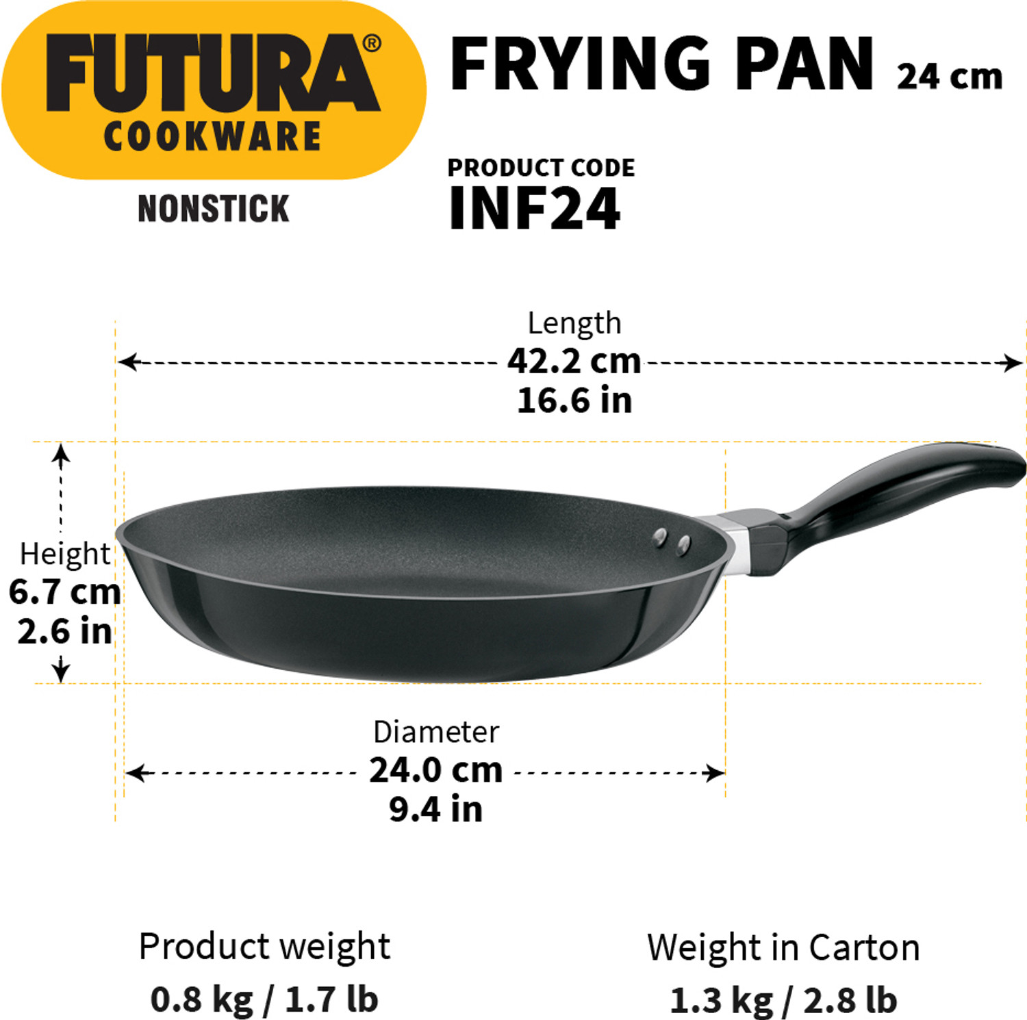Image of Hawkins 24cm Frying Pan, Black (INF24) Fry Pan 24 cm diameter 1.5 L capacity