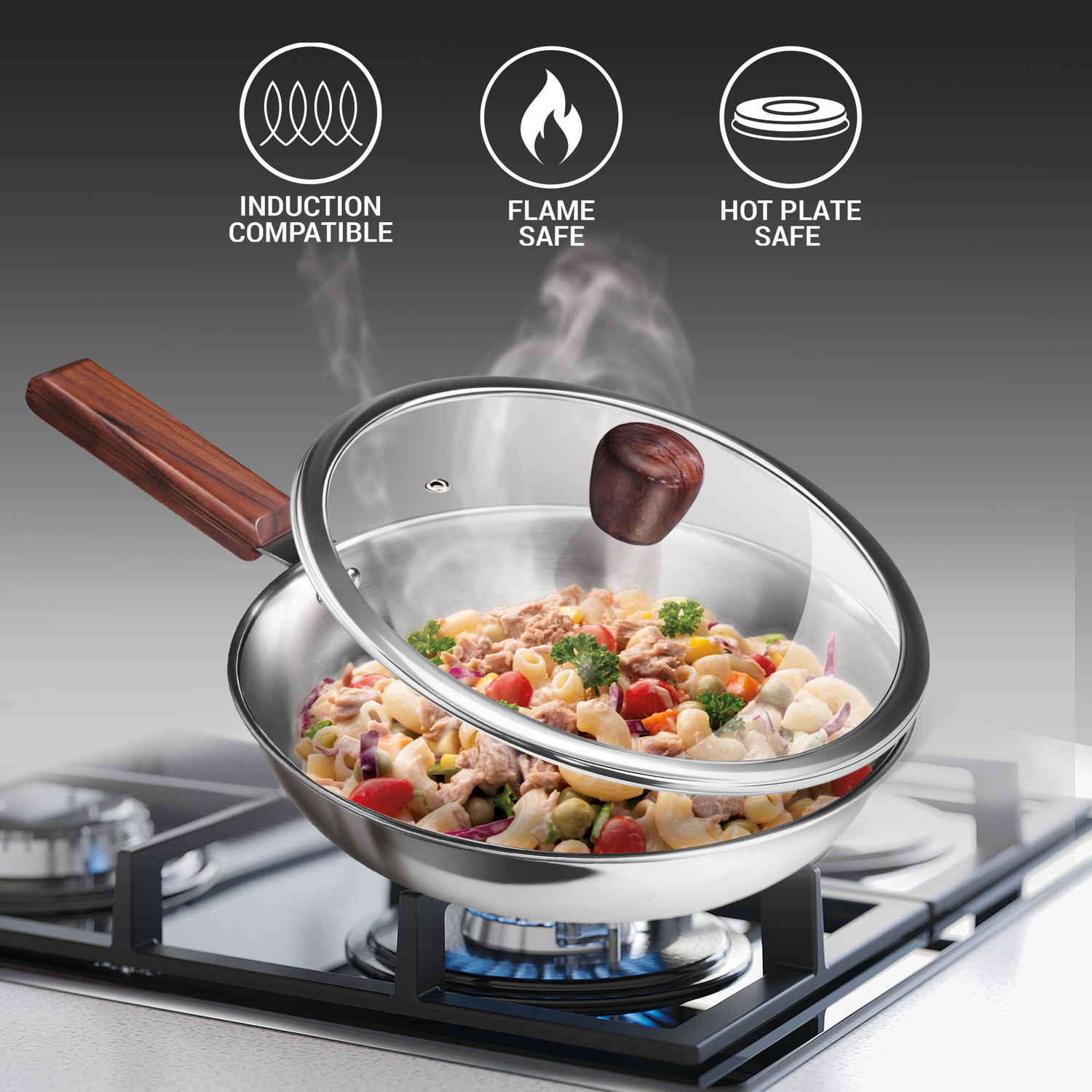 Image of MILTON Pro cook Triply Hexa Tech Induction Glass Lid & Wooden Handle,22cm, Honeycomb Fry Pan 22 cm diameter with Lid 1.25 L capacity
