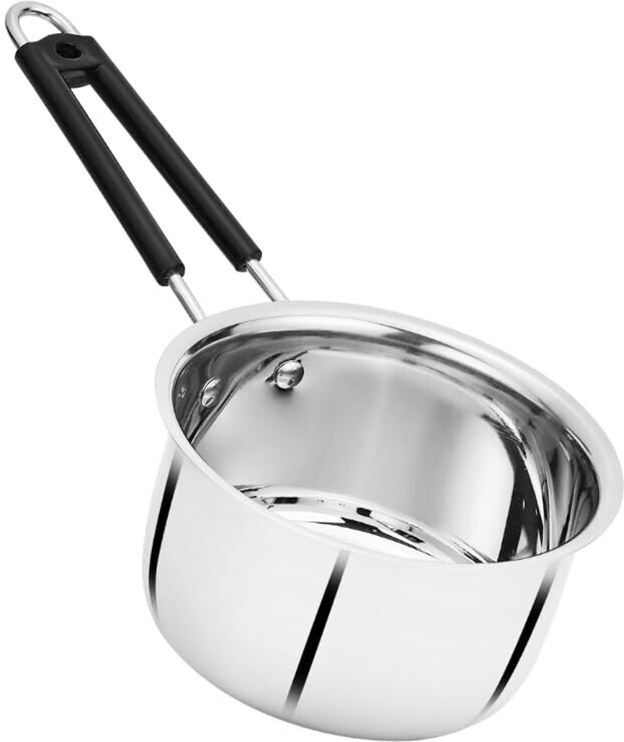 Image of Bowls & More Flat Bottom Sauce Pan | Heavyduty Stainless Steel With Heat-Resistant Handle Sauce Pan 16 cm diameter with Lid 1.3 L capacity (Stainless Steel, Non-stick)