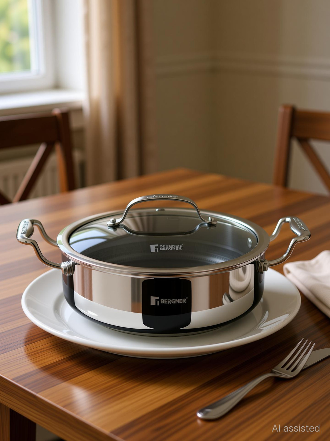 Image of BERGNER Hi-Tech Giro X Ceramic Serving Pan, Non Toxic, Pan Protector Included Pot 24 cm diameter 3.3 L capacity with Lid