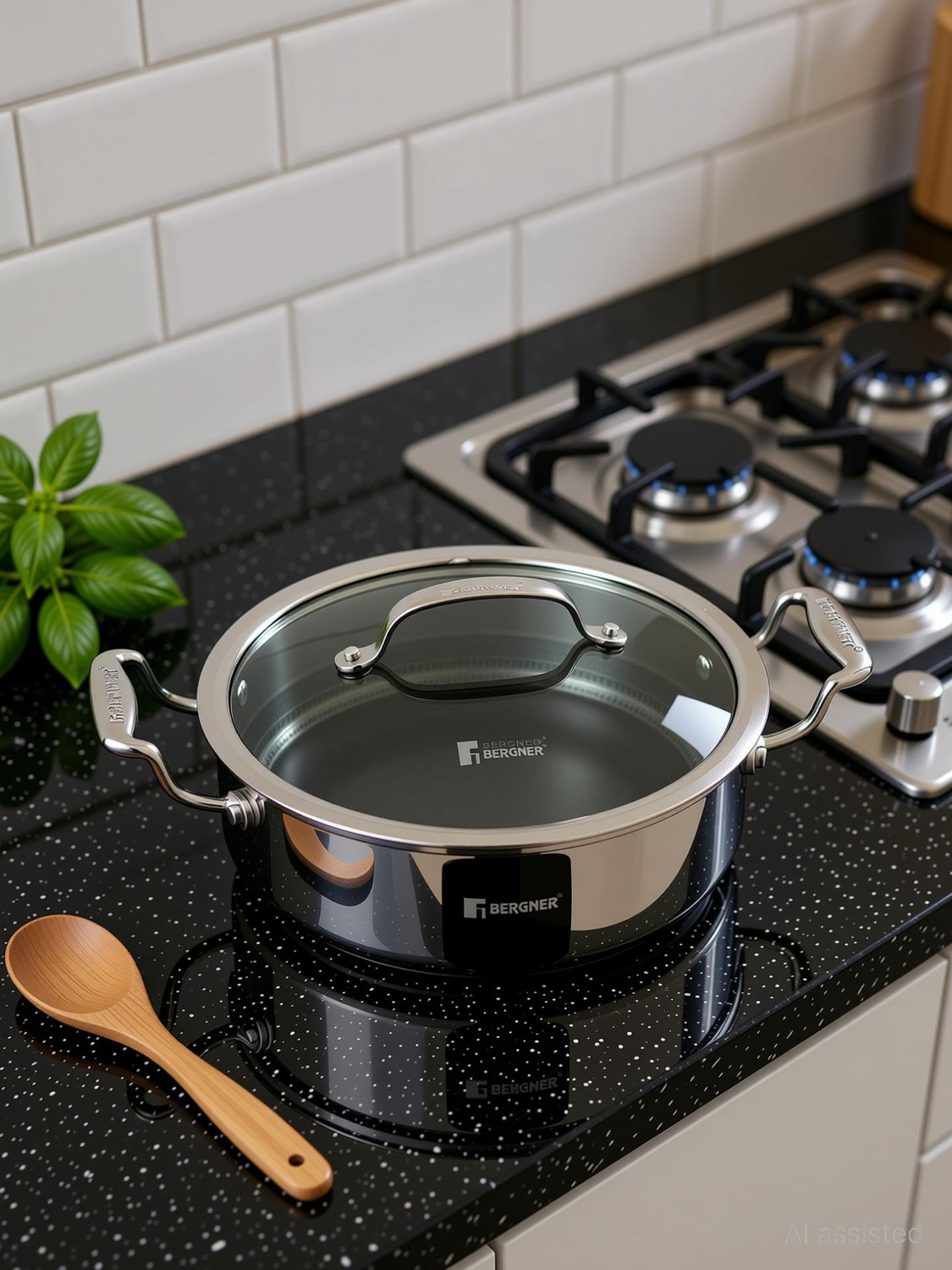 Image of BERGNER Hi-Tech Giro X Ceramic Serving Pan, Non Toxic, Pan Protector Included Pot 24 cm diameter 3.3 L capacity with Lid