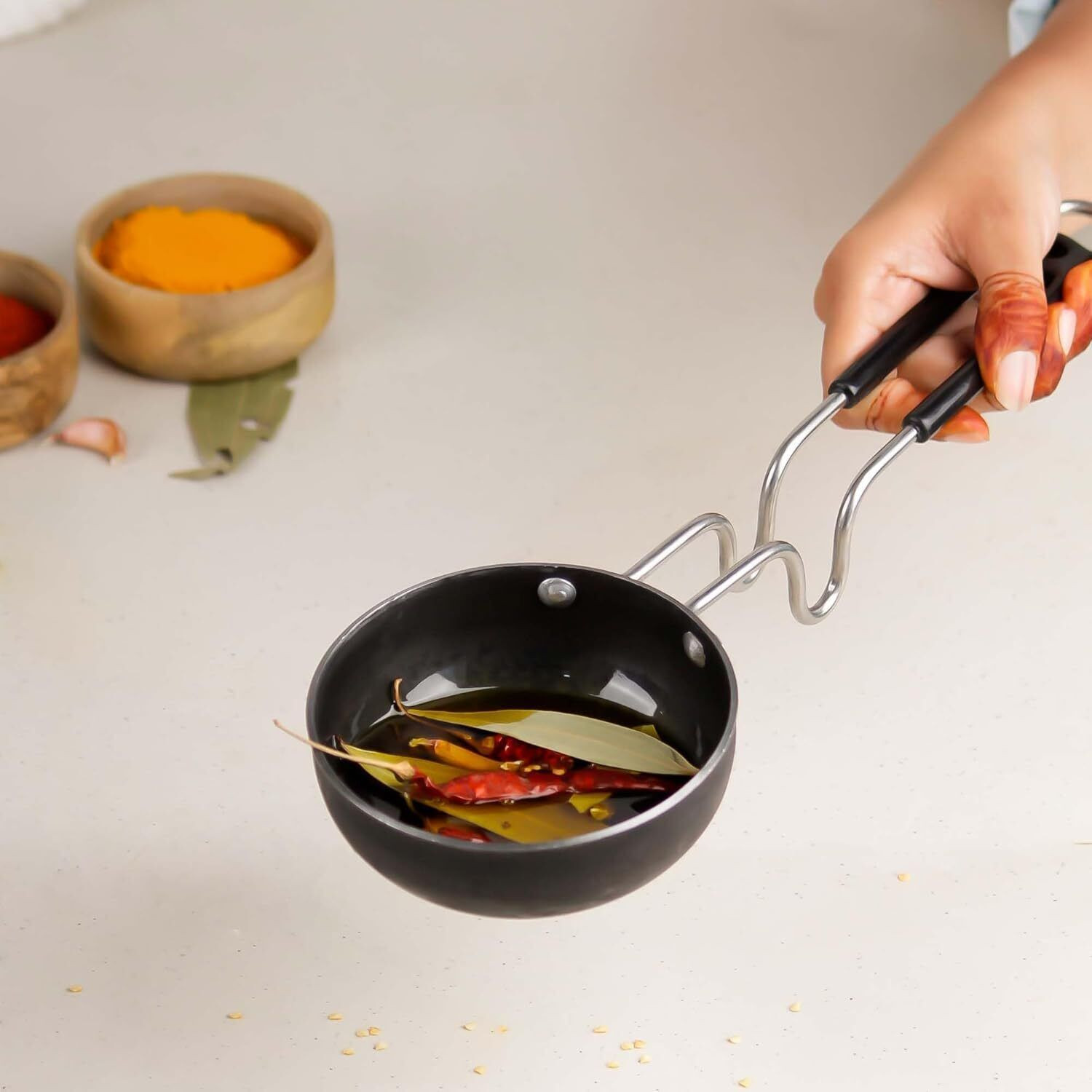Image of frogtail Heavy Base Iron tadka pan and whisk 25cm. Tadka Pan 12 cm diameter 0.4 L capacity
