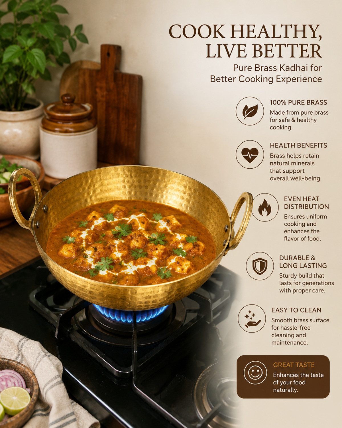 Image of Baipurna Brass Kadhai 5 Litre for Cooking Pital Big Size 1.5 Kg Heavy Weight Kadai Kadhai 37 cm diameter with Lid 5 L capacity (Brass, Non-stick)