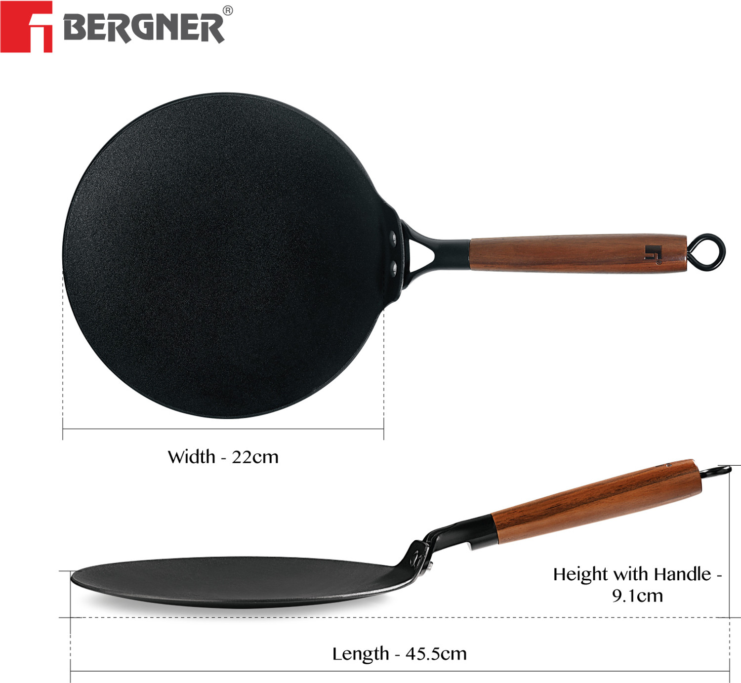 Image of BERGNER Odin Cast Iron Tawa with Wooden Coated Handle, Lightweight Roti Tawa 22 cm diameter