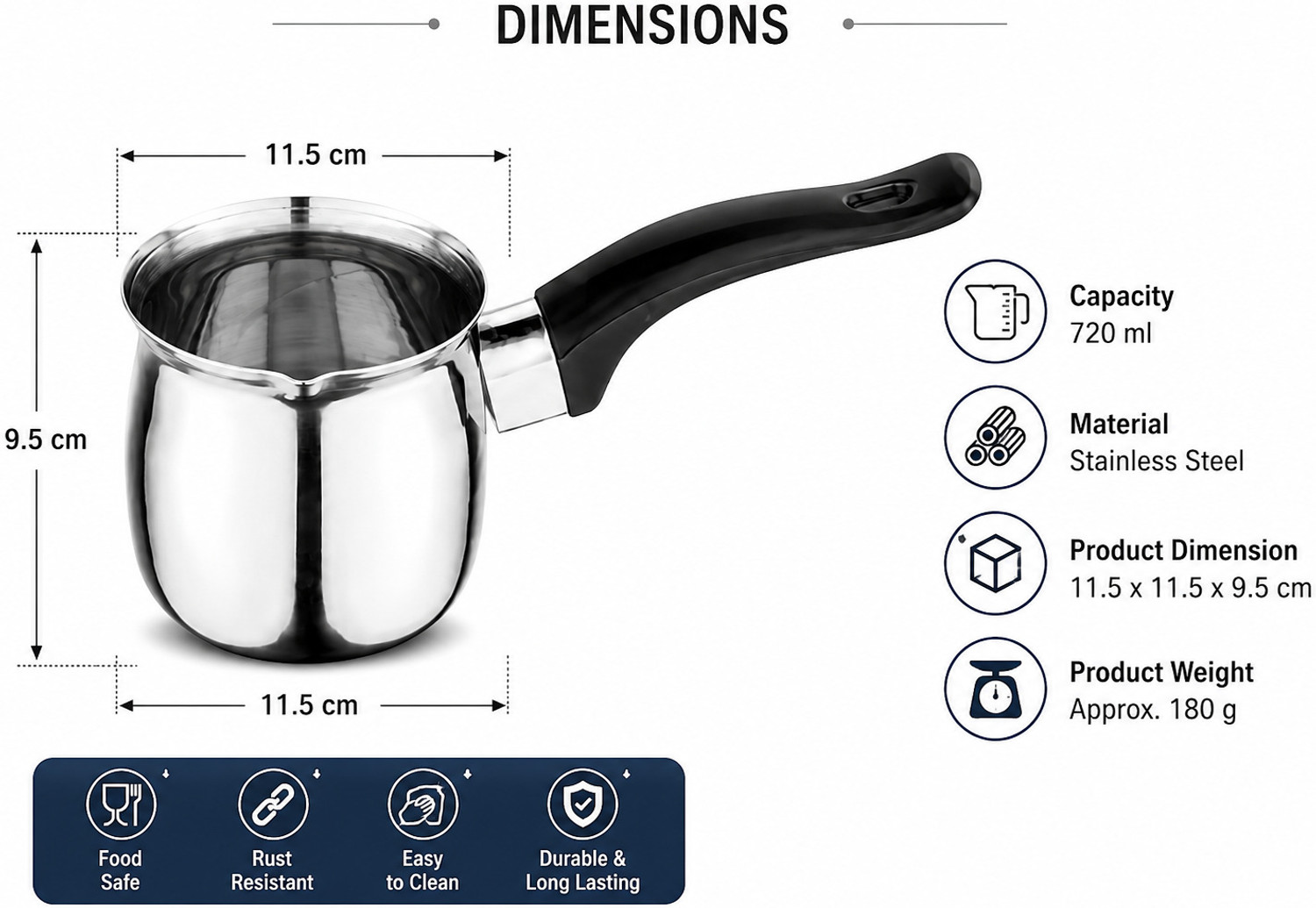 Image of Dynore Stainless Steel Milk /Coffee /Tea Warmer With Bakelite Handle 720 ml Pot 11.5 cm diameter 0.72 L capacity