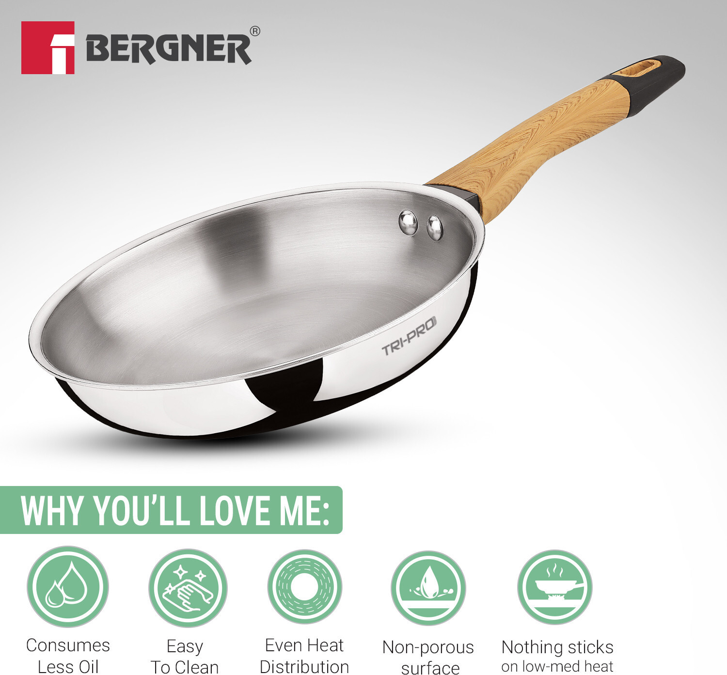 Image of BERGNER TriPro Tri-Ply 24cm Frypan with Wooden Soft Touch Handle, Healthy Coating| Fry Pan 24 cm diameter 1.8 L capacity