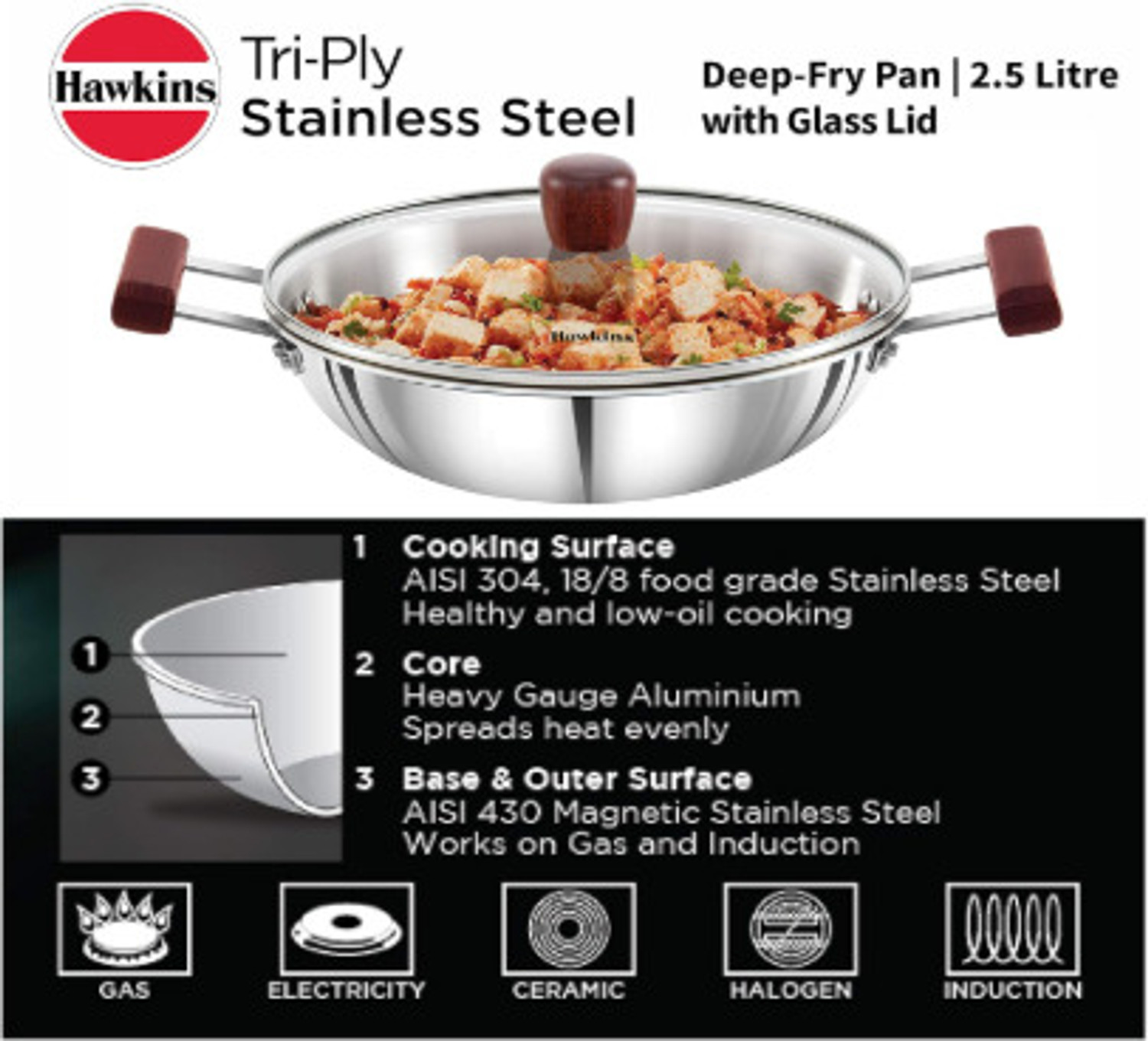 Image of Hawkins 2.5 Litre Deep Fry Pan, Triply Stainless Steel Kadai with Glass Lid Fry Pan 22 cm diameter with Lid 2.5 L capacity