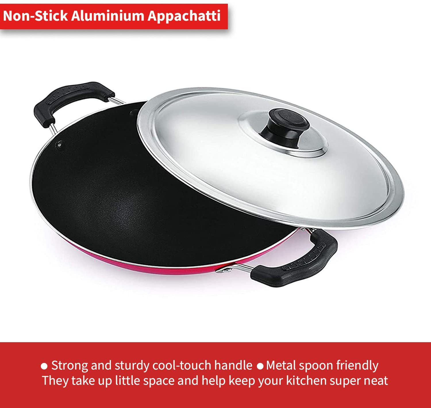Image of Daraz Aluminium Appachatti with Stainless Steel lid, 2.6mm, Red, 23cm, Gas Compatible Paniarakkal Pan 23 cm diameter with Lid 1.5 L capacity