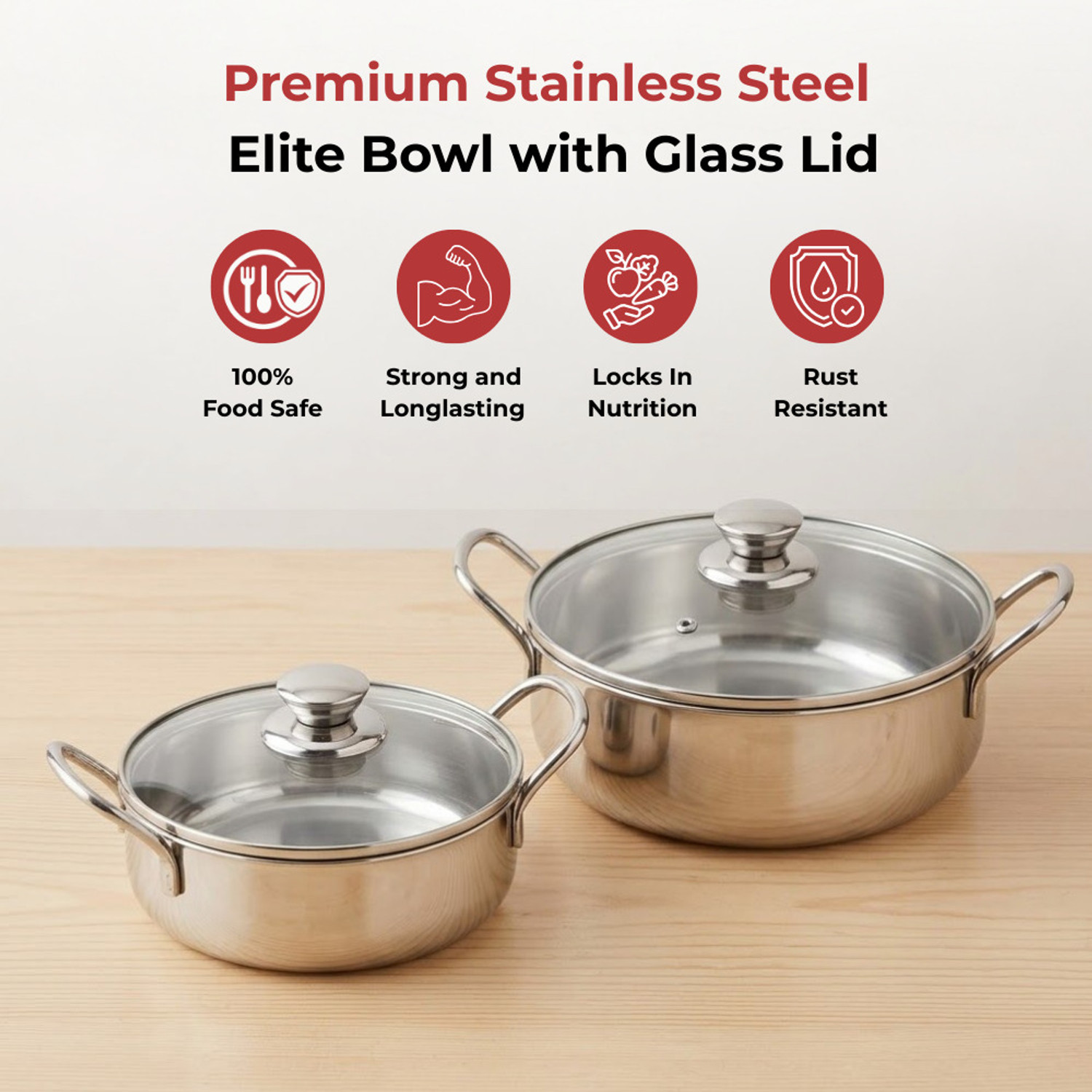 Image of VINOD Stainless Steel Elite Serving Bowls with Glass LId & Handle Handi 900 L, 1100 L with Lid