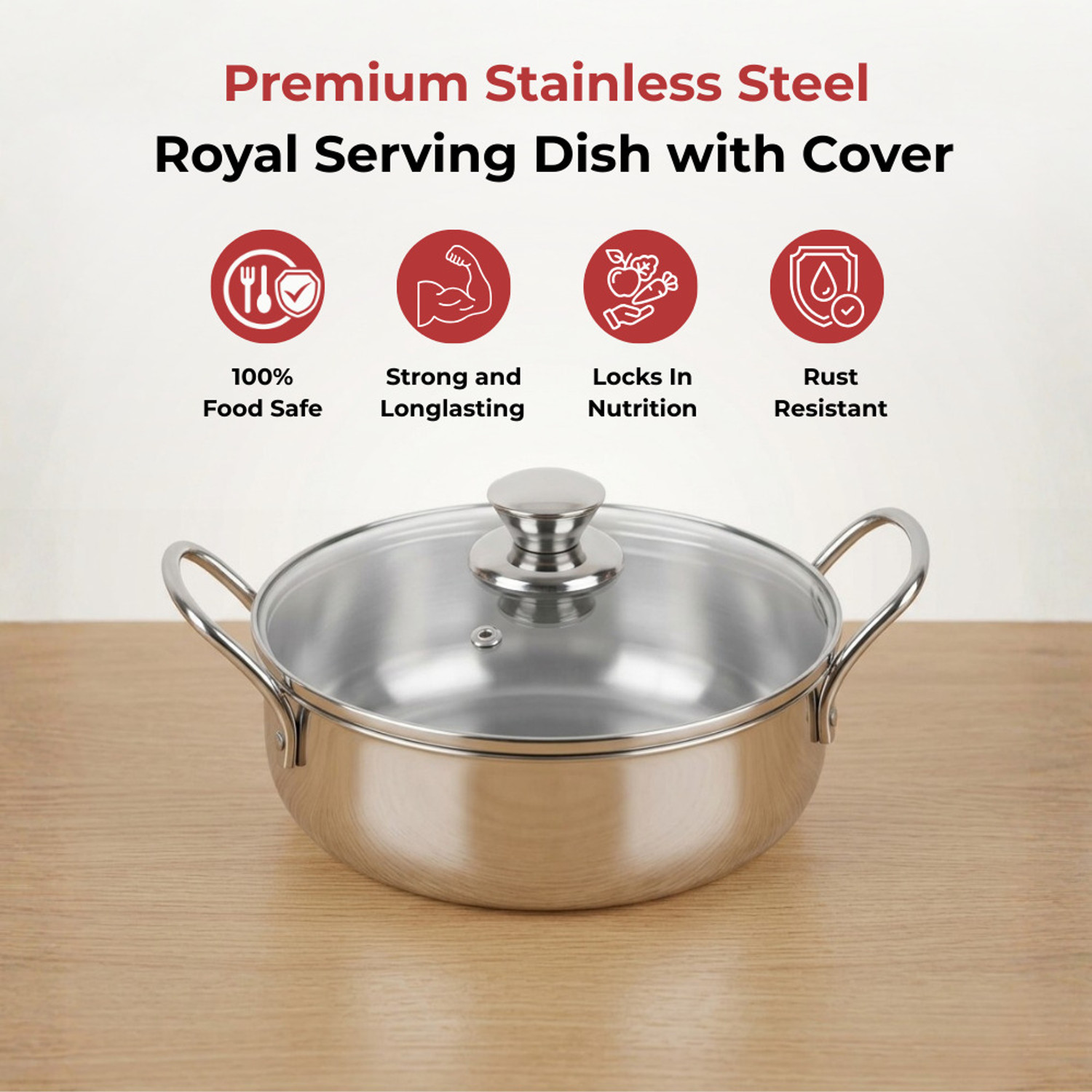 Image of VINOD Stainless Steel Elite Serving Bowl with Glass Lid Handle Handi 1.1 L with Lid