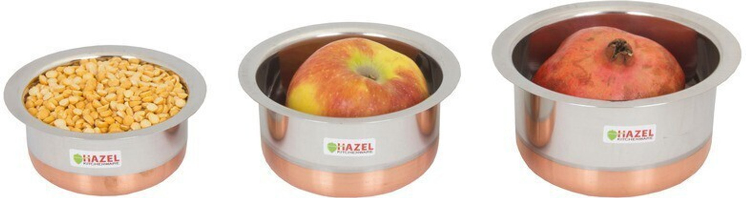 Image of HAZEL Copper Bottom Patila Tope Set of 3, 350 to 830 ml Tope /Bhagona /Patila Set 1 L capacity 15 cm diameter