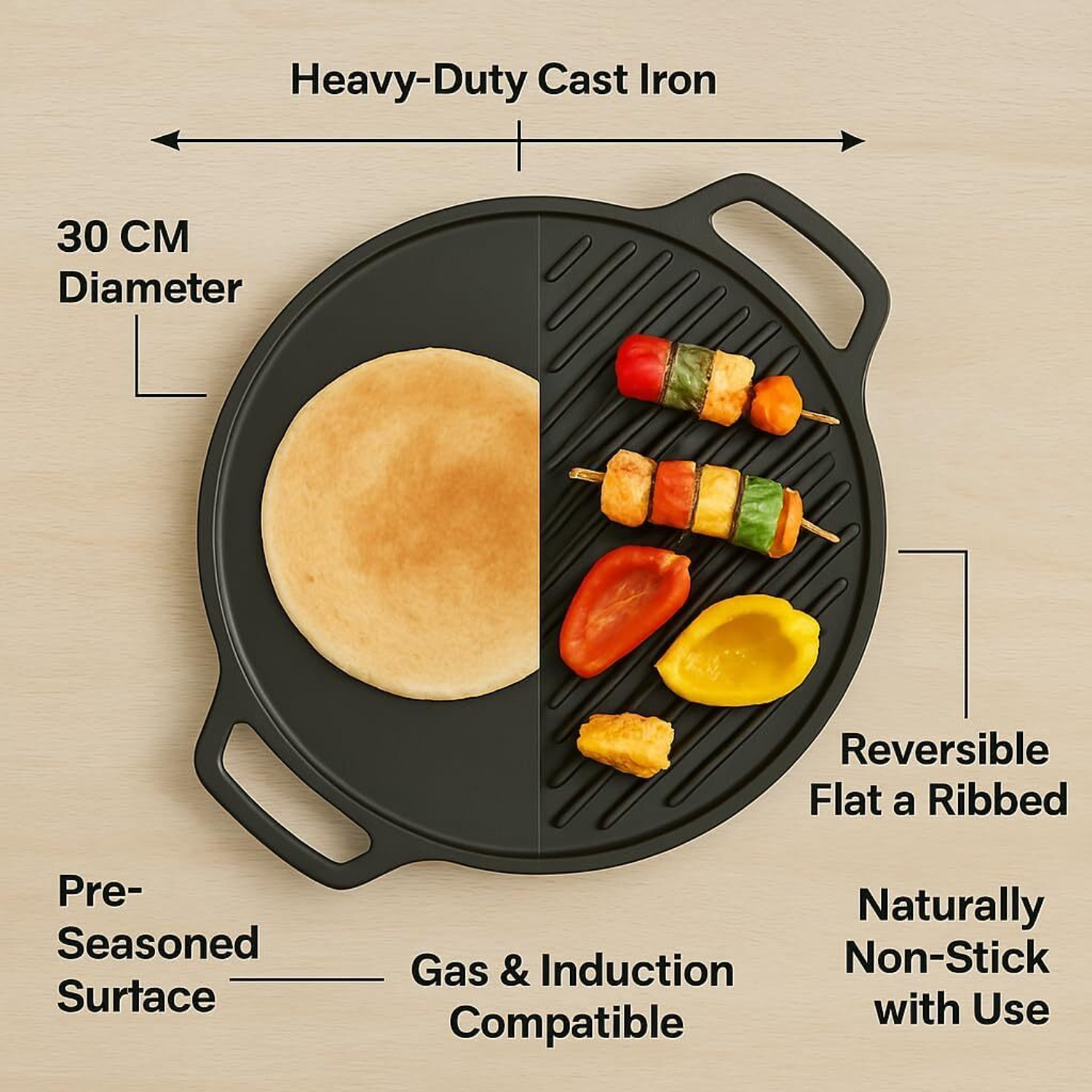 Image of Neha 2-in-1 Reversible Cast Iron NonStick Double-Sided Dosa Tawa & BBQ Grill Pan Tawa 30 cm diameter