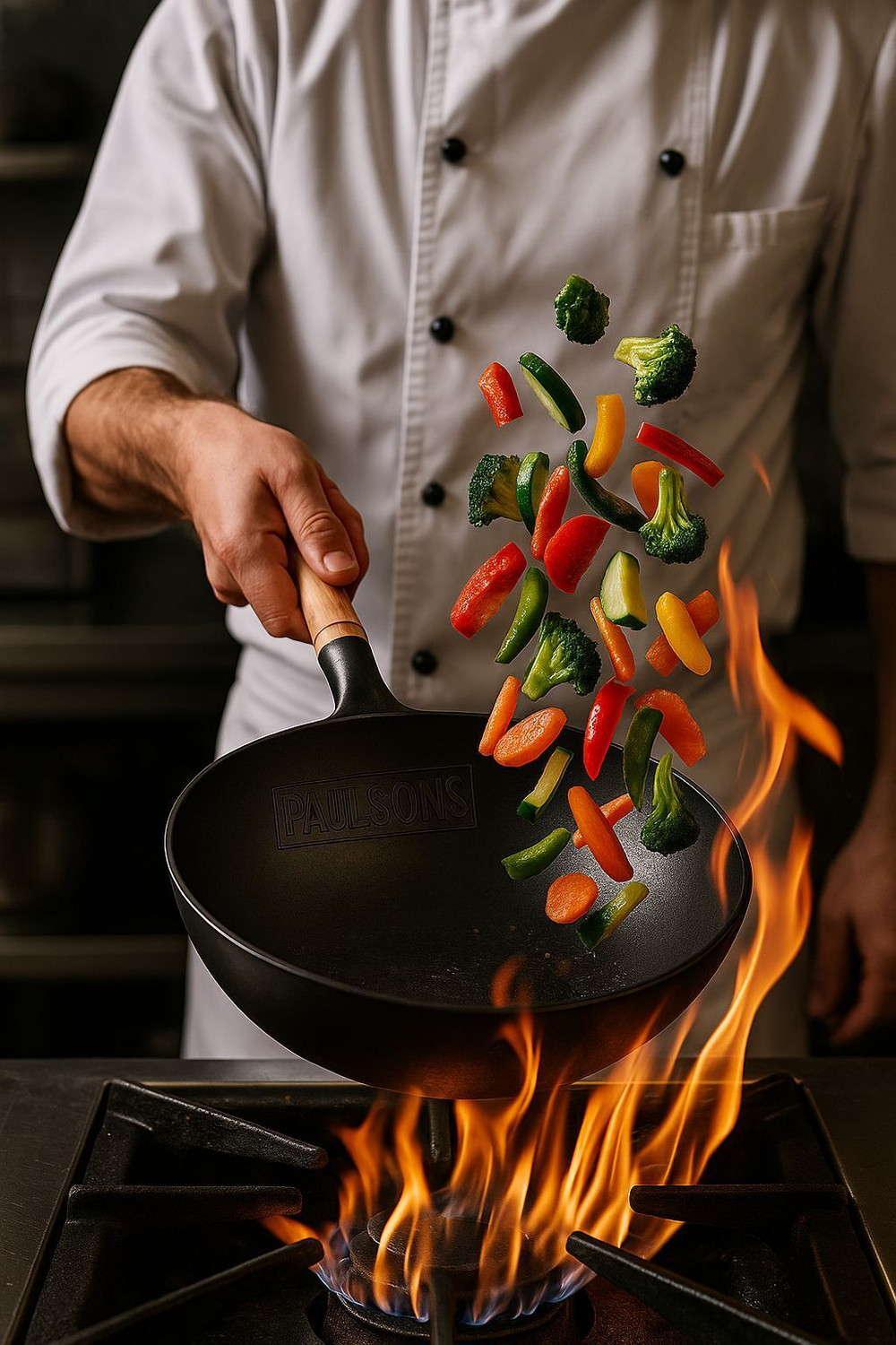Image of RAYCRAFT WORLD Carbon Steel Wooden Handle Wok with 2pcs Wok Cleaning Brush Wok 5 L capacity 40 cm diameter
