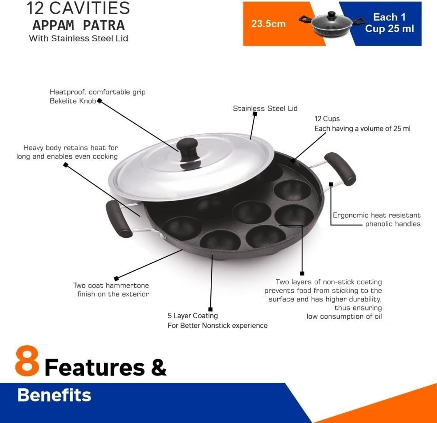 Image of DTM super appam patra with lid and handle / kulipaniyaram pan nonstick / appe / aapee Paniarakkal Pan 22 cm diameter with Lid 1 L capacity