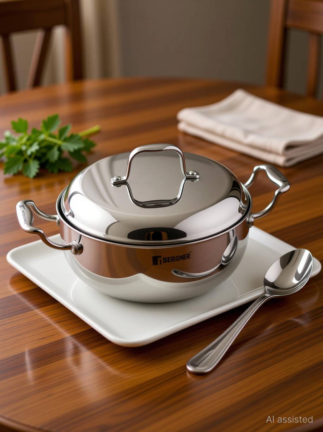 BERGNER Argent Saiba Triply Stainless Steel Multi Purpose Casserole Less Oil Use | Curry Pan 18 cm diameter with Lid 1.8 L capacity