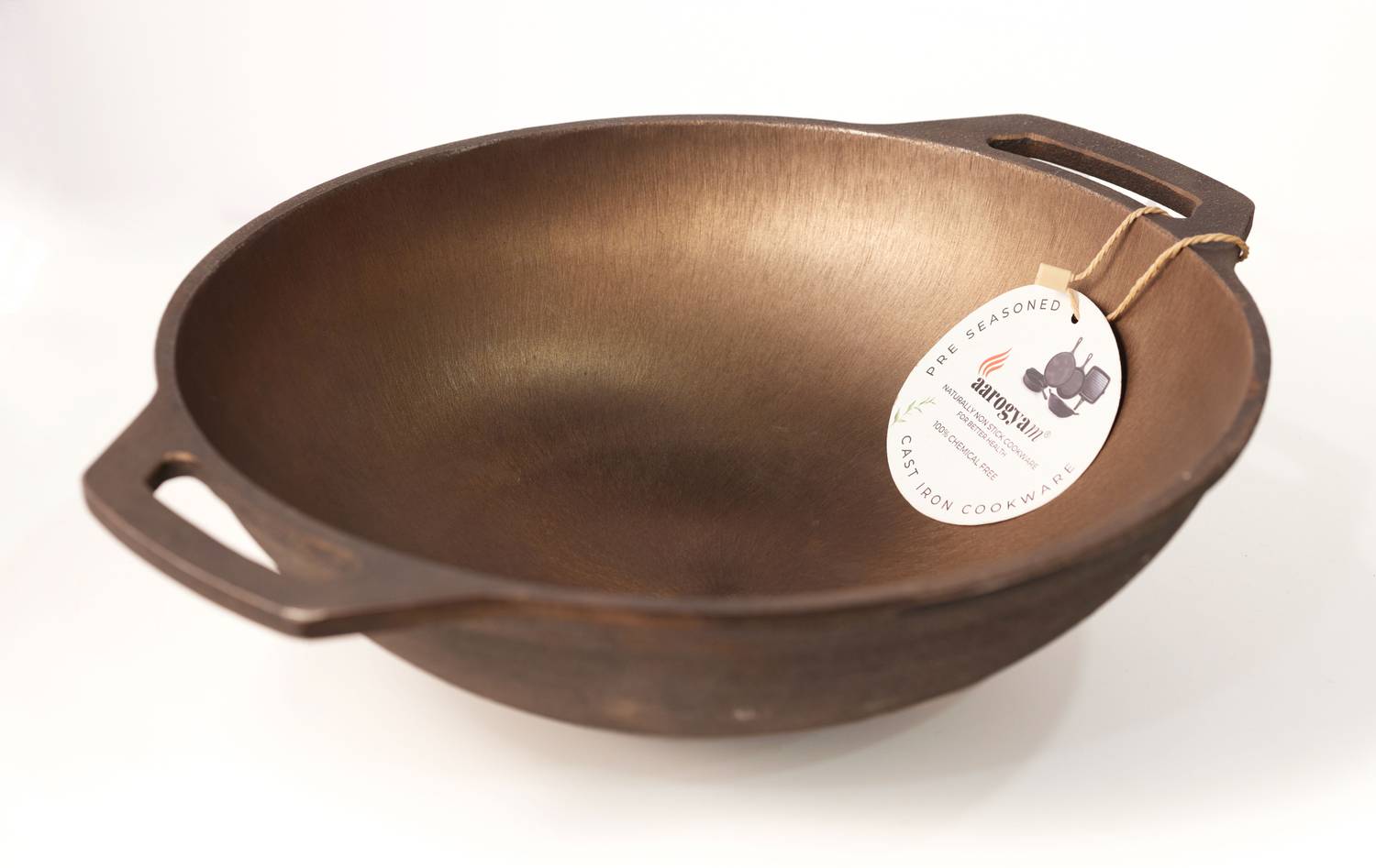 Aarogyam Pre-seasoned Cast Iron Round Kadai, 12″ Inches, Kadhai 30.5 cm diameter 1.5 L capacity