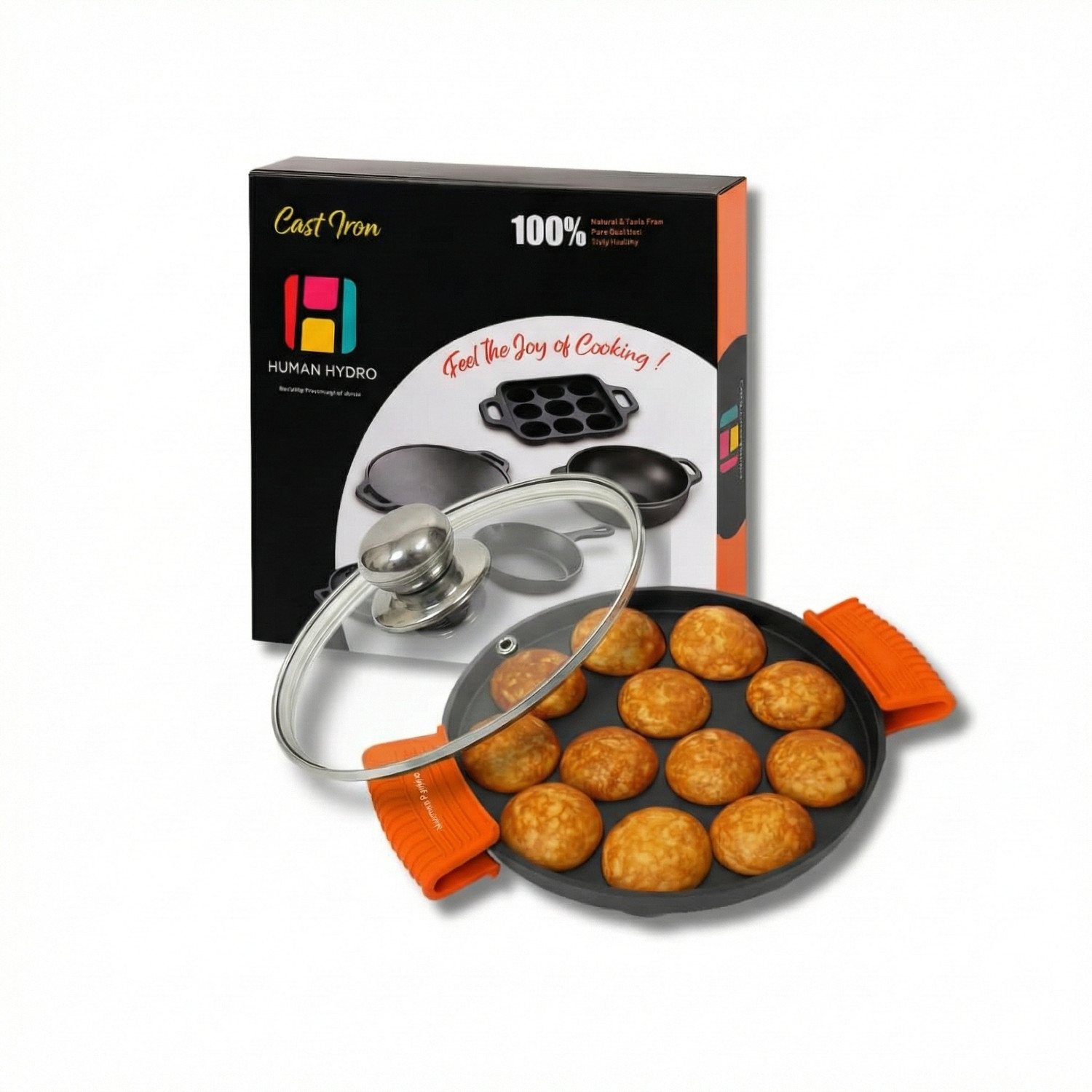 Image of Human Hydro IronCure Cast Iron 12-Pit Paniyaram Pan with Glass Lid & Silicone Grips Paniarakkal Pan 20 cm diameter with Lid 1.2 L capacity