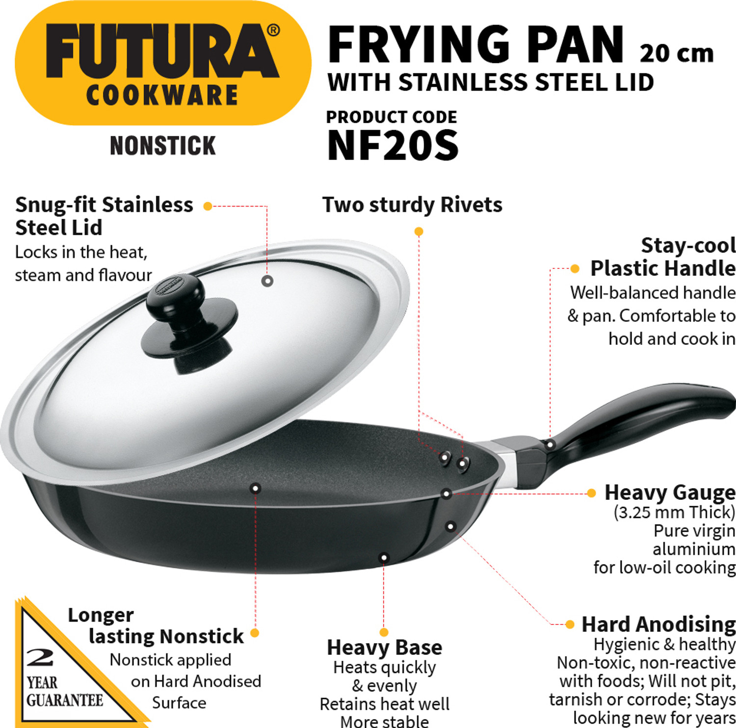 Image of Hawkins Futura 20cm Frying Pan with Lid, Black (NF20S) Fry Pan 20 cm diameter with Lid 1 L capacity (Aluminium, Non-stick)