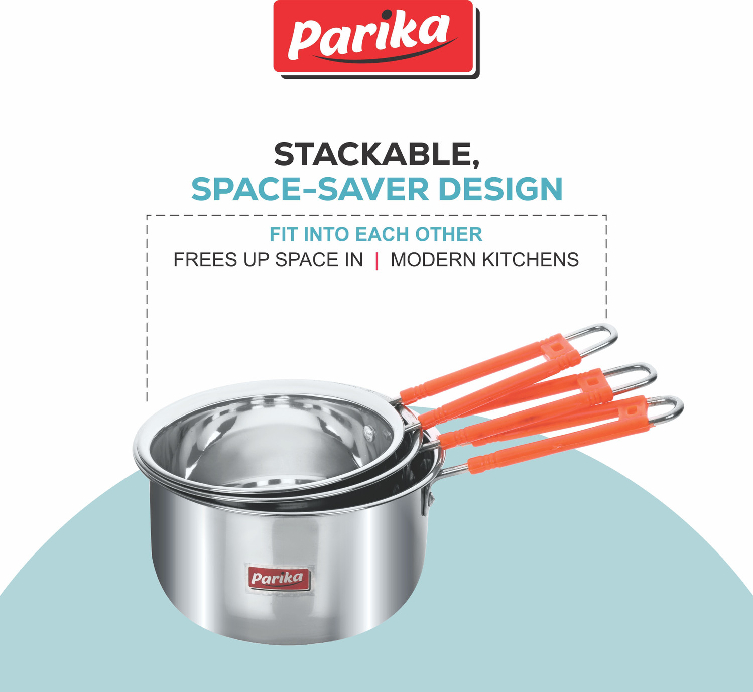 Image of Parika Stainless Steel Saucepan | Gas & Induction Compatible Durable Kitchen Cookware Sauce Pan 20 cm, 18 cm, 16 cm diameter 2 L, 1.5 L, 1 L capacity