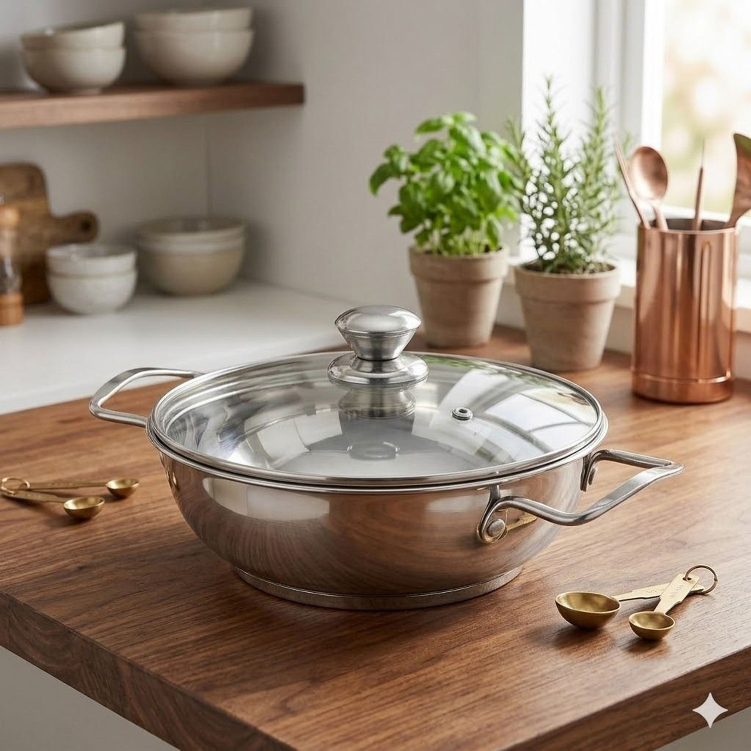 Image of MAXSUN Induction Base Stainless Steel Kadai - Heavy Gauge Design m12 Kadhai 9 cm diameter with Lid 3 L capacity