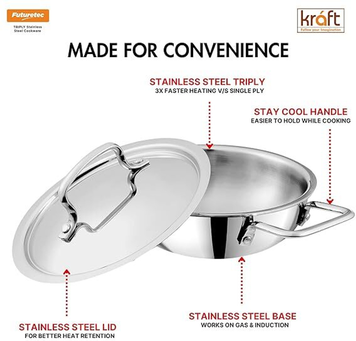 Image of Kraft Stainless Steel Futuretec Triply Stainless Steel Extra Deep Kadhai 24 cm diameter with Lid 3.3 L capacity