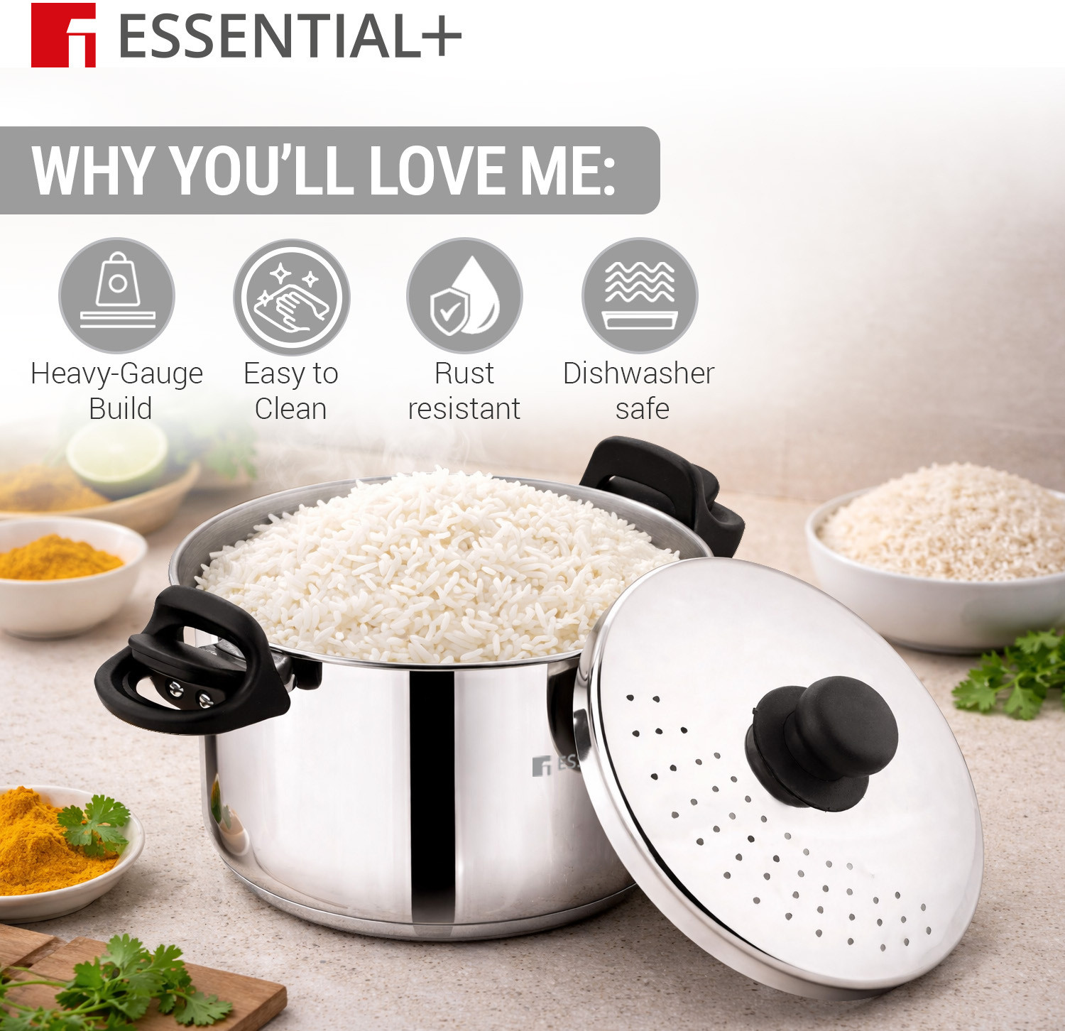 Image of BERGNER Essential Plus Stainless Steel Rice Strainer Pot 20cm (4L) with Glass Lid, Pot 20 cm diameter 4 L capacity with Lid
