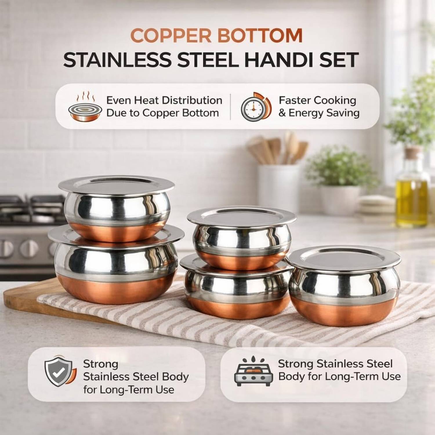 Masox Store Stainless Steel Copper Base Handi with Lid for Curry