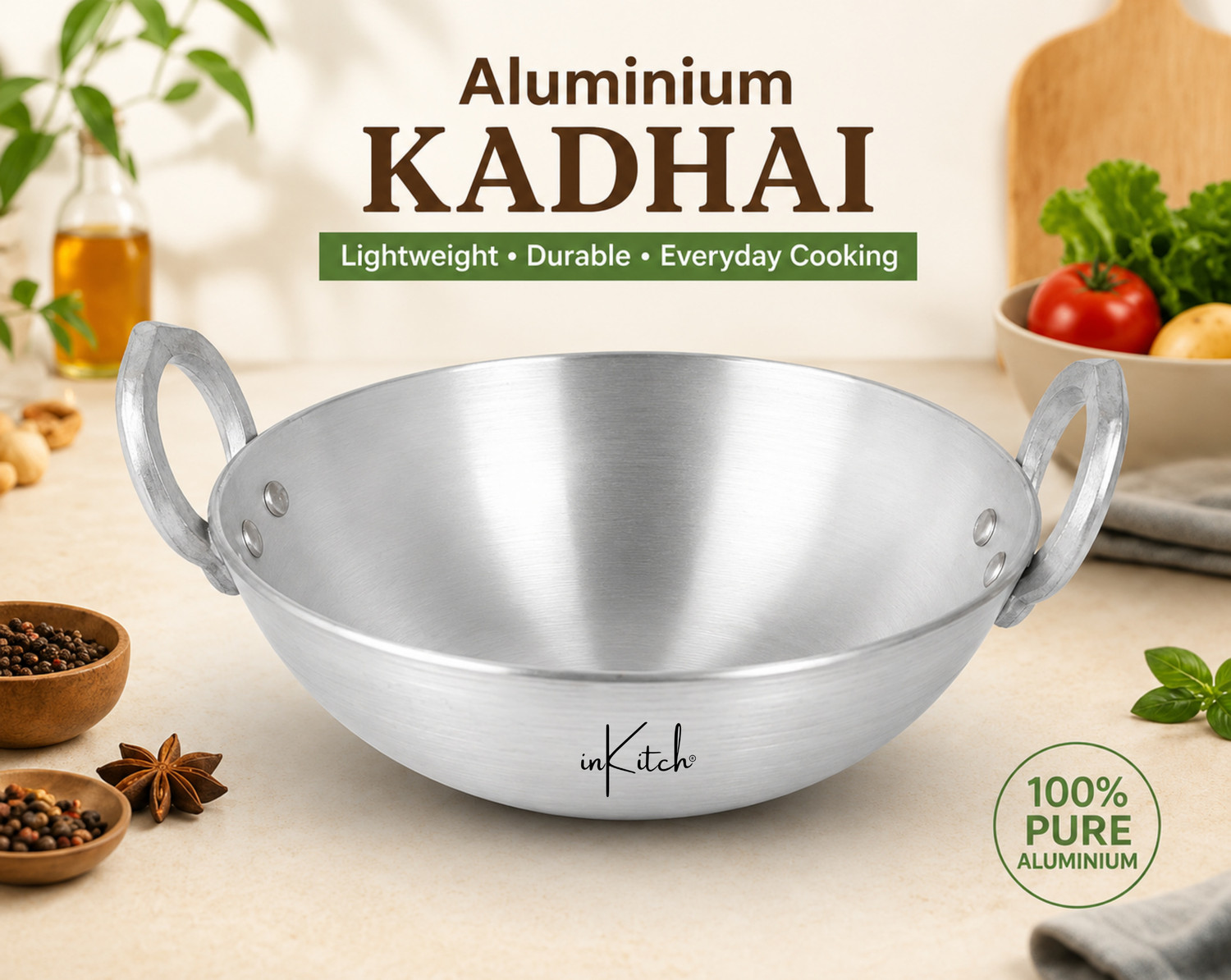 Image of inKitch Aluminium Kadhai for Cooking | Multipurpose Kadai | Heavy Gauge | Fast Heating Kadhai 21 cm diameter 1.5 L capacity