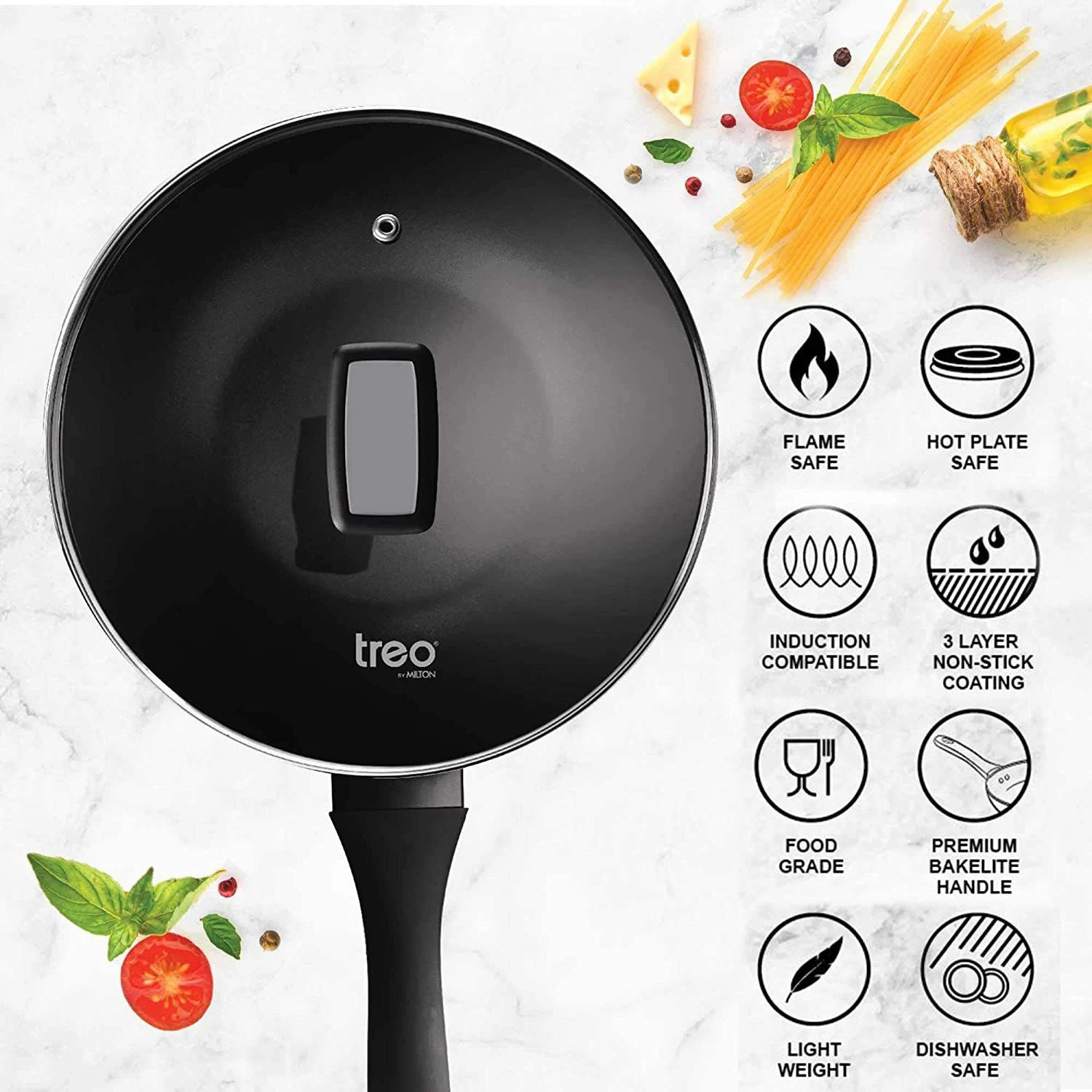 Image of MILTON Pro Cook Black Pearl Induction Fry Pan with Glass Lid, 24 cm Fry Pan 24 cm diameter with Lid 1.8 L capacity