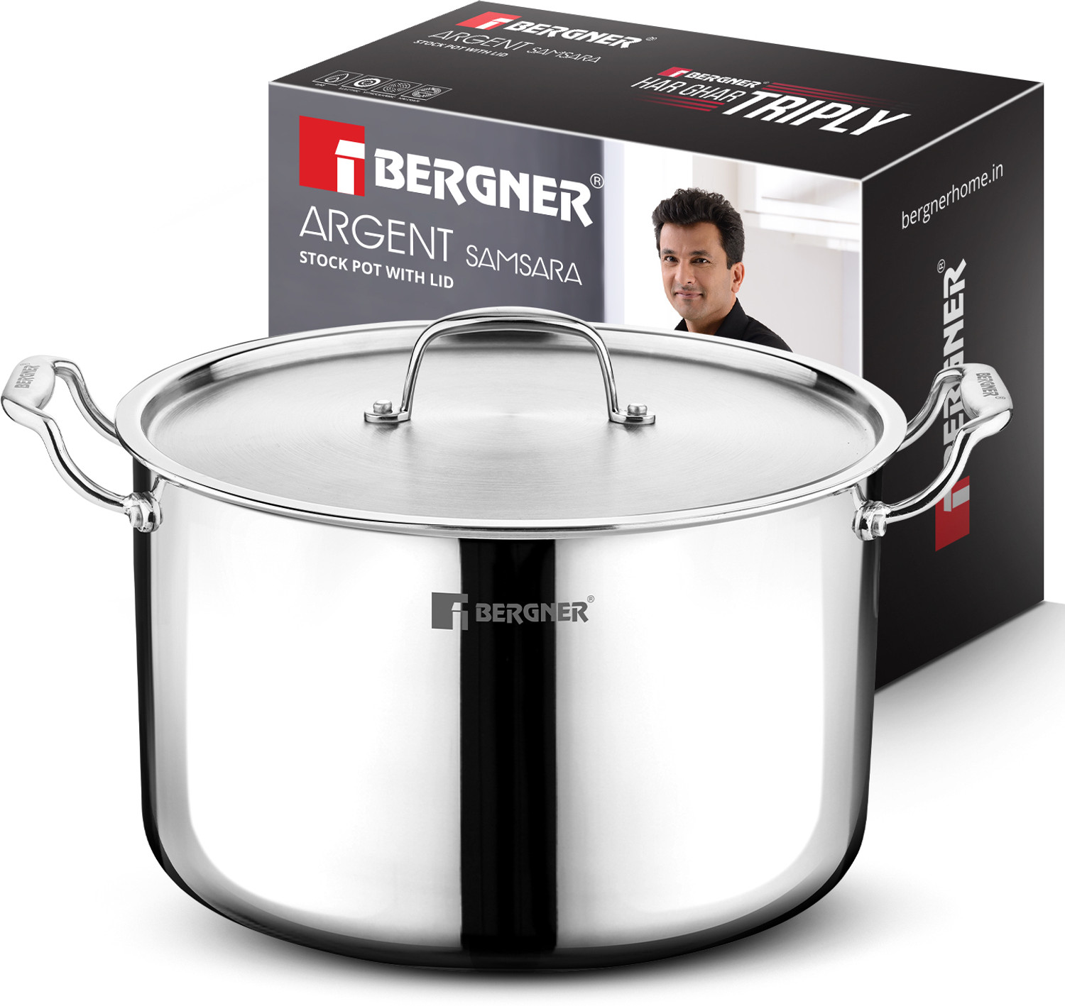 Image of BERGNER Argent Samsara Triply Stock Pot with Stainless Steel Lid, Handi / Casserole, Pot 28 cm diameter 10 L capacity with Lid