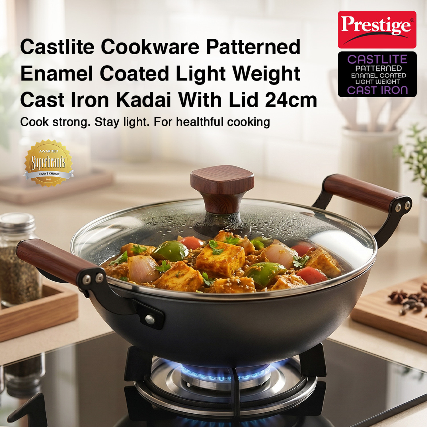 Image of Prestige Castlite Patterned Enamel Coated|High Heat Retention|Rust Proof|Stay-Cool Handle Kadhai 24 cm diameter with Lid 2.4 L capacity