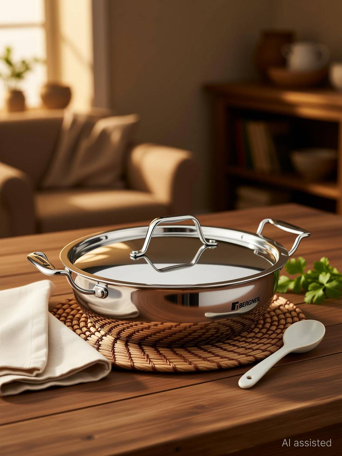 BERGNER Tripro Triply Stainless Steel Tasla/Tasra/Kadai/ Induction Bottom Kadhai 28 cm diameter with Lid 5.75 L capacity