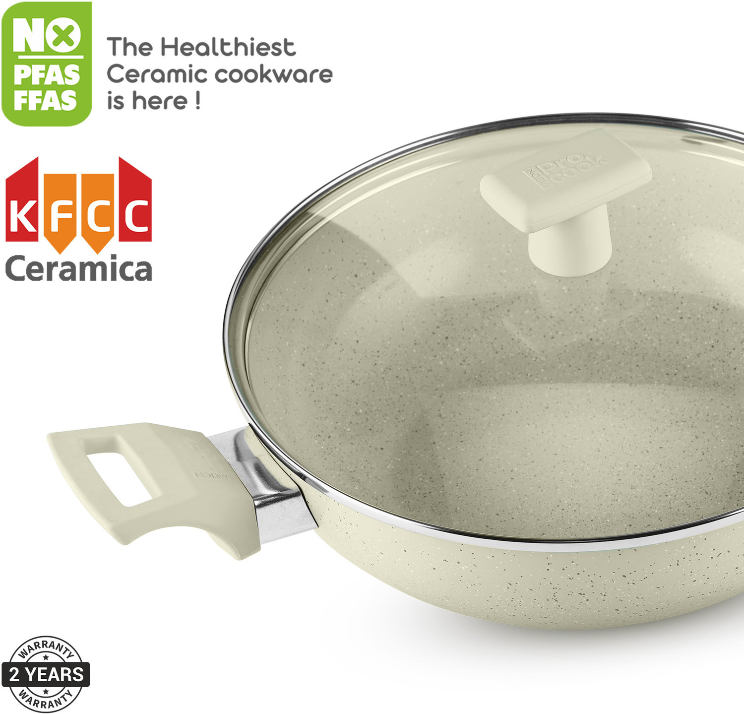 Image of MILTON Pro cook 26cm Ceramic Non Stick Kadhai With Lid Induction & Gas Friendly, Beige Kadhai 26 cm diameter with Lid 3.6 L capacity