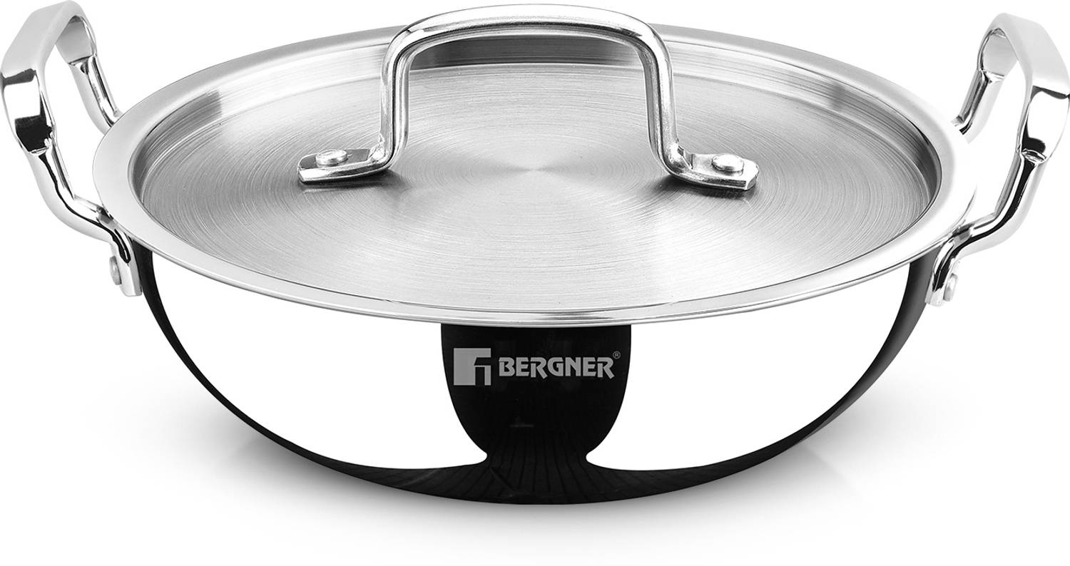 BERGNER Tripro Triply Stainless Steel | Less Oil Cooking | Deep Kadhai 26 cm diameter with Lid 4.5 L capacity