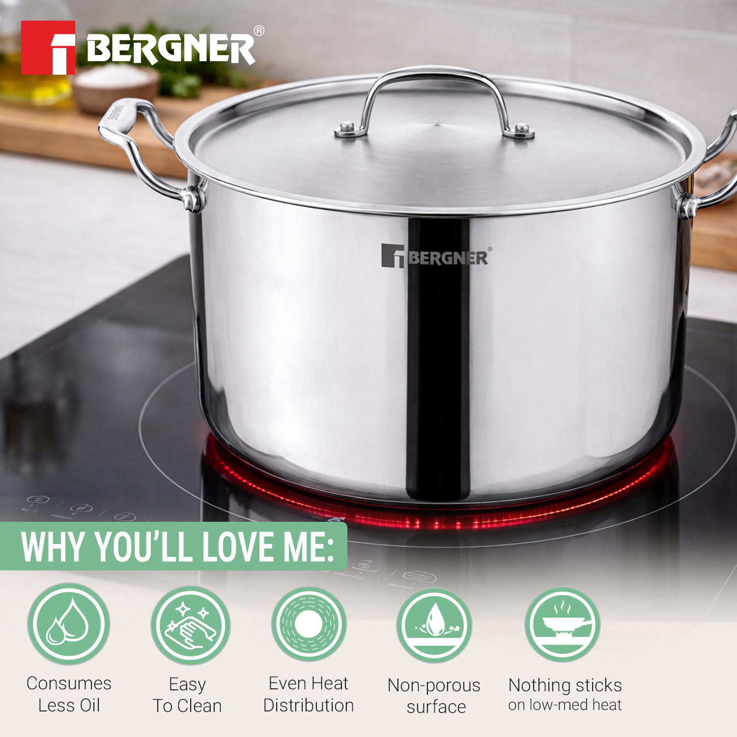 Image of BERGNER Argent Samsara Triply Stock Pot with Stainless Steel Lid, Handi / Casserole, Pot 28 cm diameter 10 L capacity with Lid