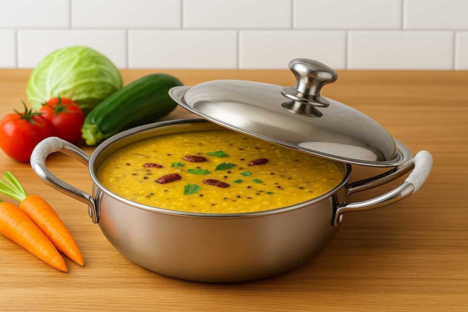 Image of Mainsa induction Bottom Steel Deep Kadhai with Full Stainless Steel Lid Kadhai 26 cm diameter with Lid 3 L capacity