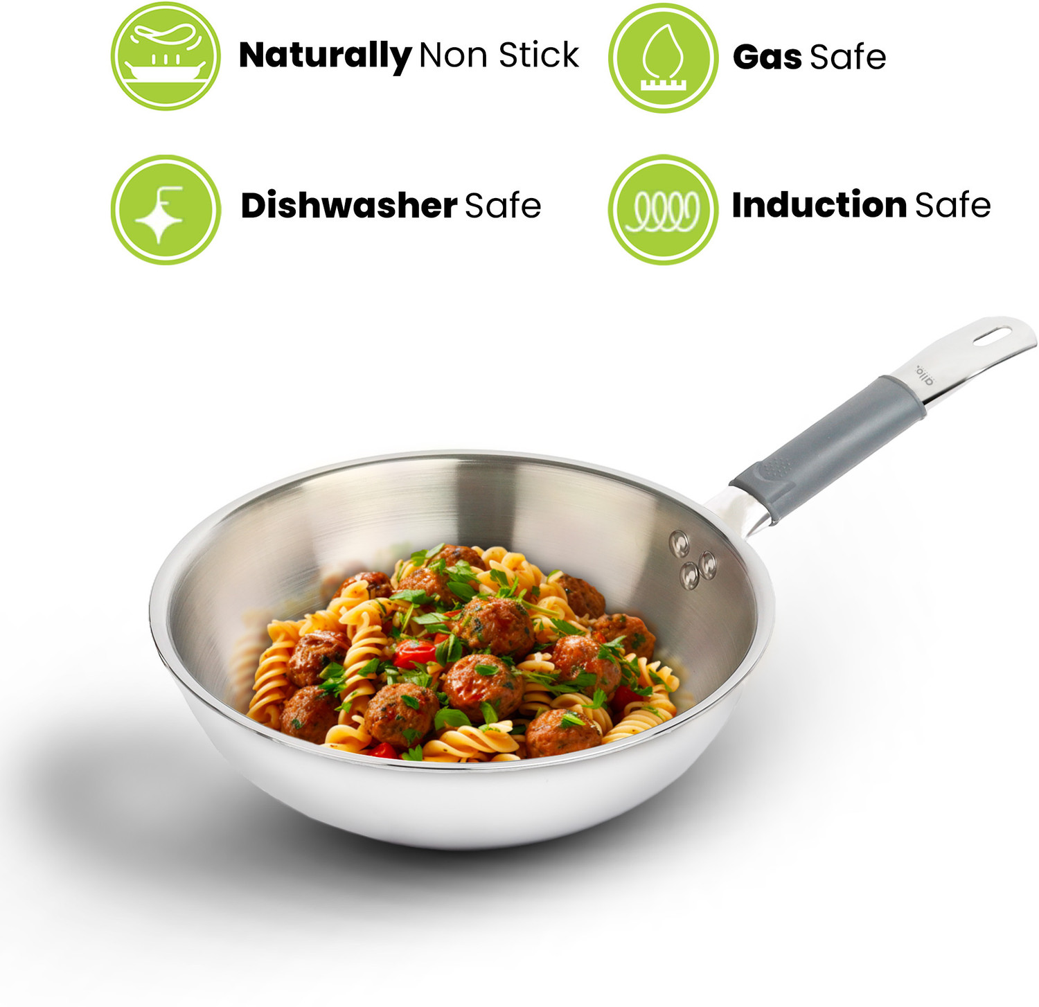 Image of Allo CookSafe TriPly Stainless Steel Naturally Non Stick Wok 1.5 L capacity 20 cm diameter