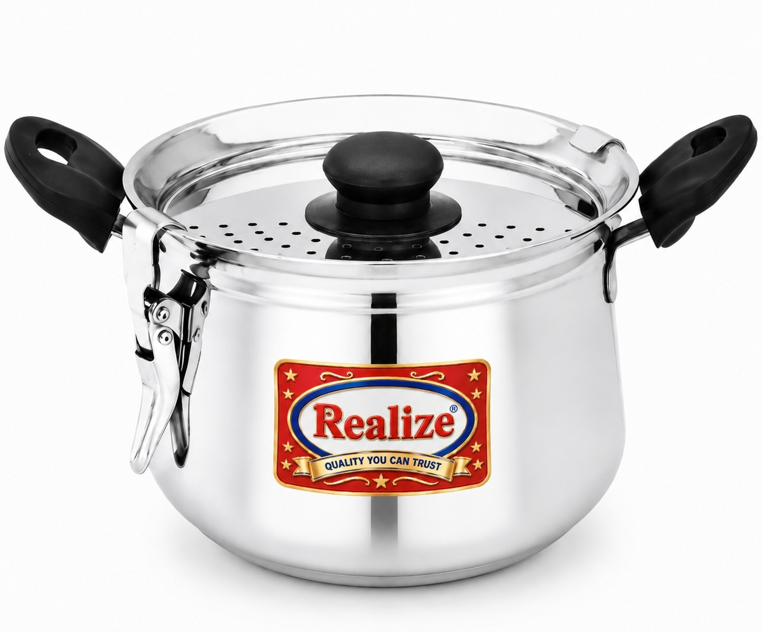 Image of Realize Stainless Steel rice pot with Strainer Lid, Sturdy Lockable Pot 19 cm Pot 19 cm diameter 3.5 L capacity with Lid
