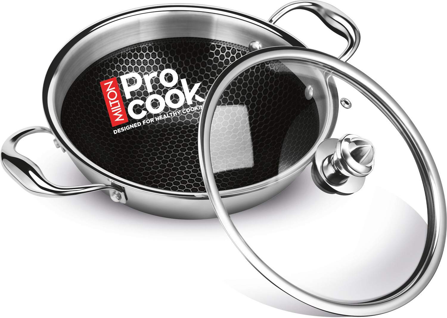Image of MILTON Pro Cook 30 cm Triply Honeycomb Hexa Tech Kadhai with Glass Lid, Induction ready Kadhai 30 cm diameter with Lid 5.5 L capacity (Stainless Steel, Non-stick, Induction Bottom)