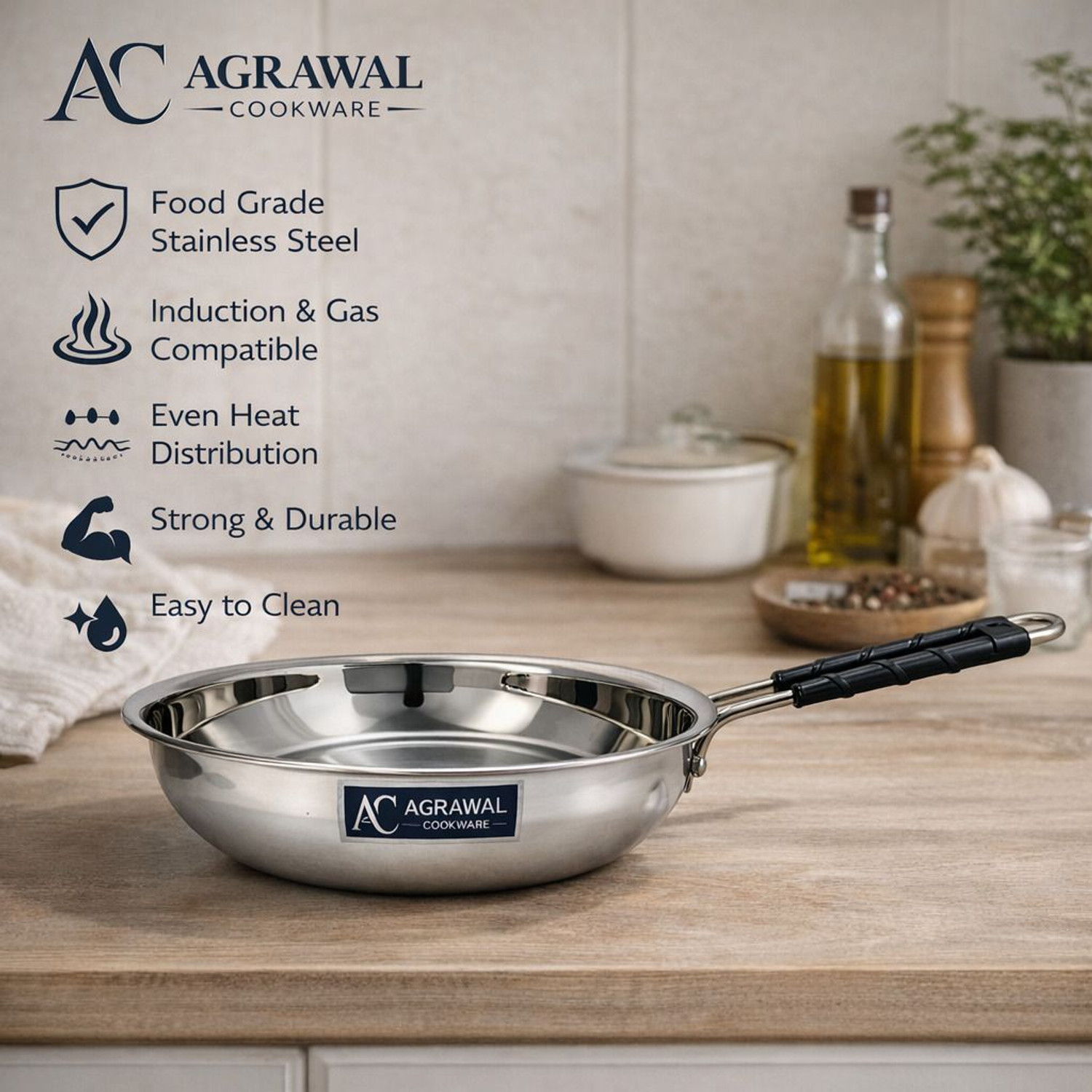 Image of AGRAWAL COOKWARE Heavy Gauge Premium Stainless Steel Frying Pan, 1 Litres, Mirror Finish Fry Pan 20 cm diameter 1 L capacity