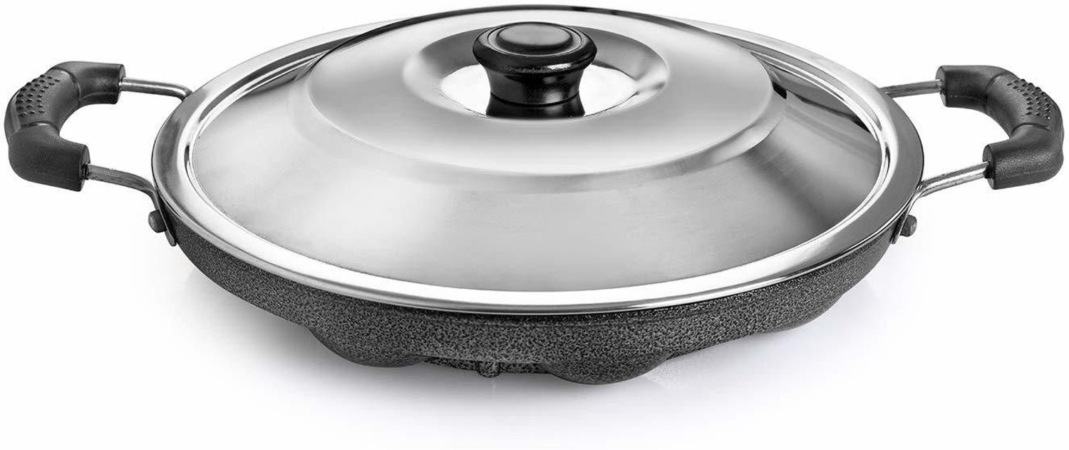 Image of cello 12 Cavity Grill Appam Patra Double Handle Paniarakkal Pan 25 cm diameter with Lid 1 L capacity