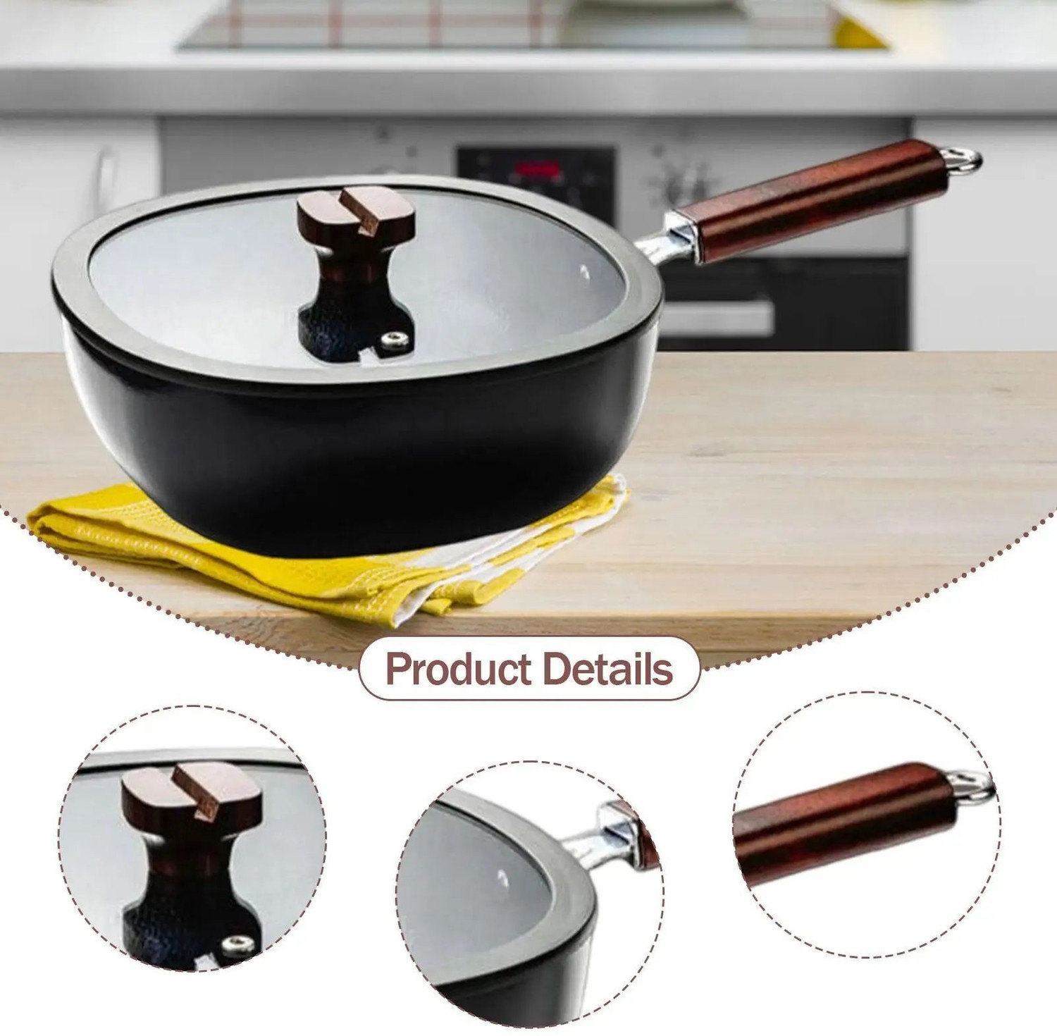 Image of Bonsly Pre-Seasoned Iron Wok with Strong Wooden Handle Induction Bottom Non-Stick Coated Cookware Set