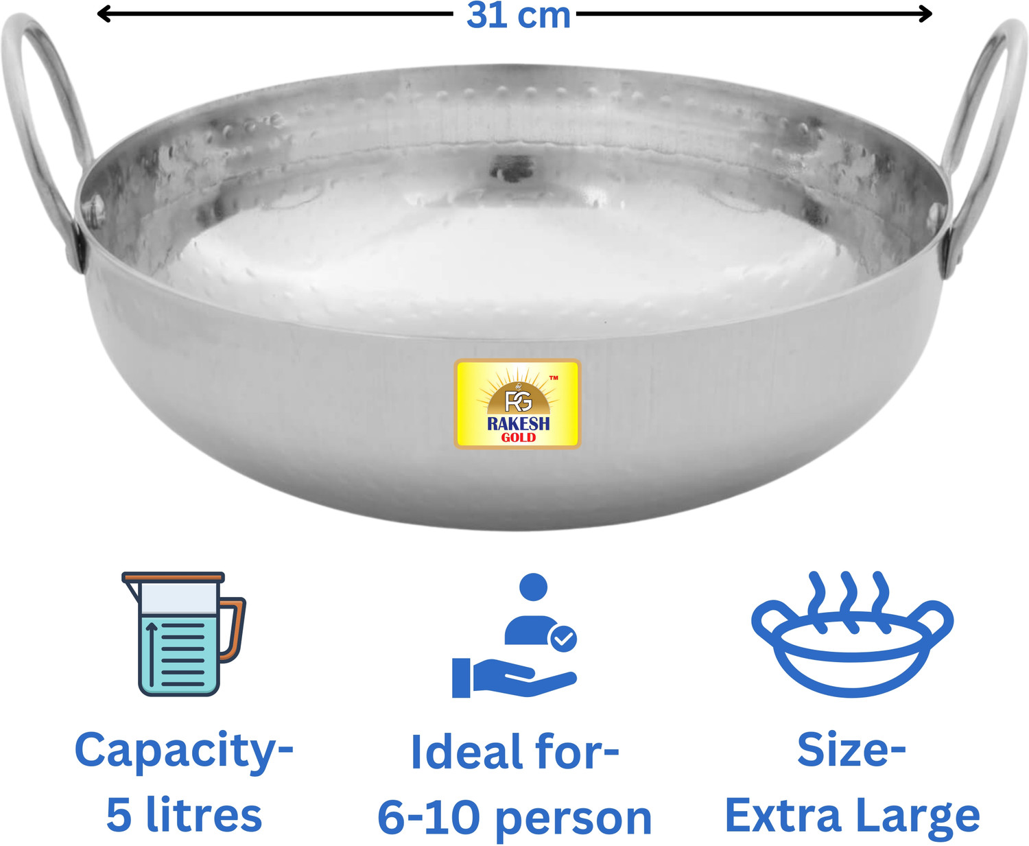 Image of Rakesh Gold Stainless steel heavy bottom for kadhai Kitchen | Hammered steel kadhai cooking Kadhai 31 cm diameter 5 L capacity
