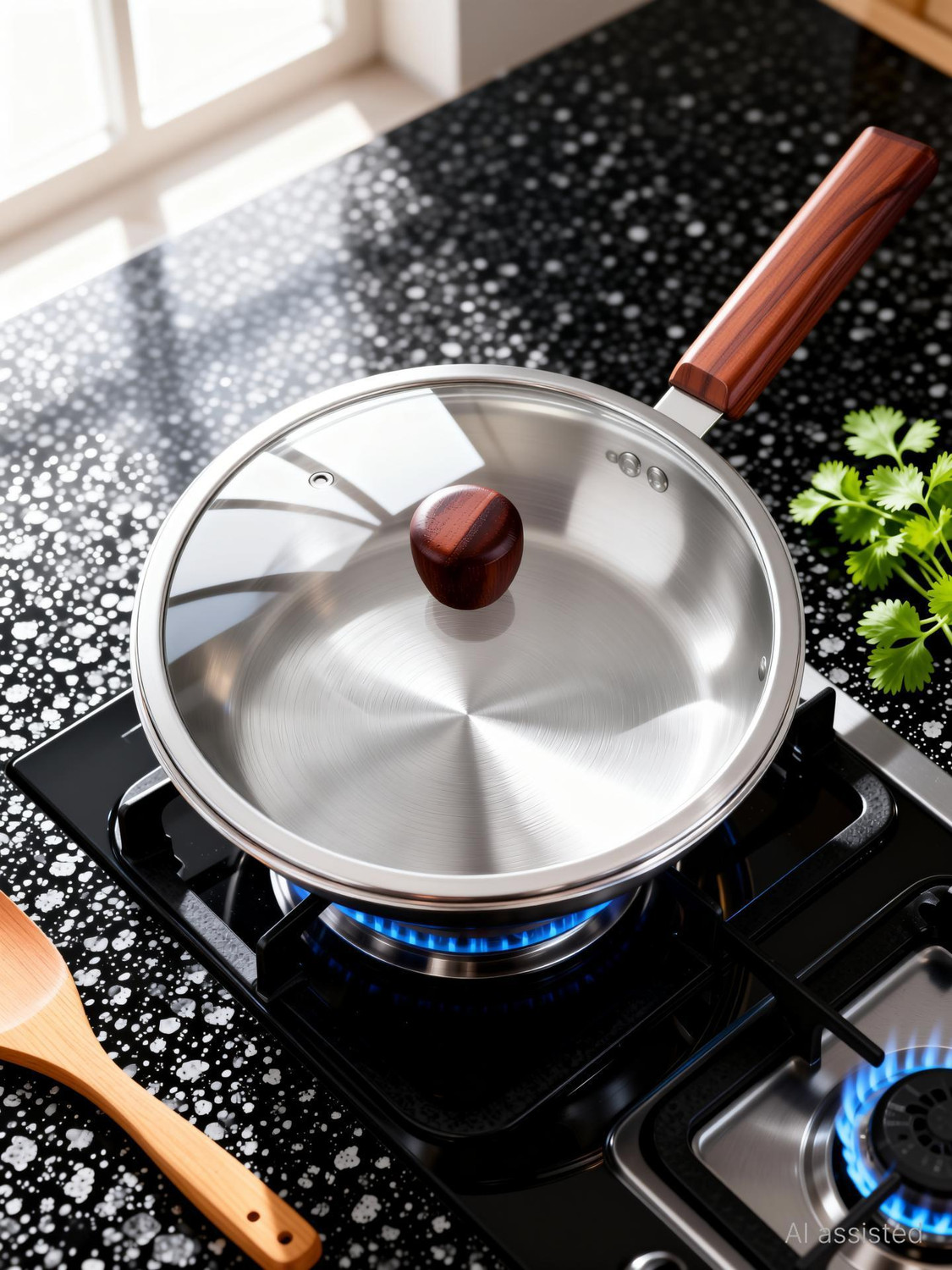 Image of MILTON Pro cook Triply Hexa Tech Induction Glass Lid & Wooden Handle,22cm, Honeycomb Fry Pan 22 cm diameter with Lid 1.25 L capacity