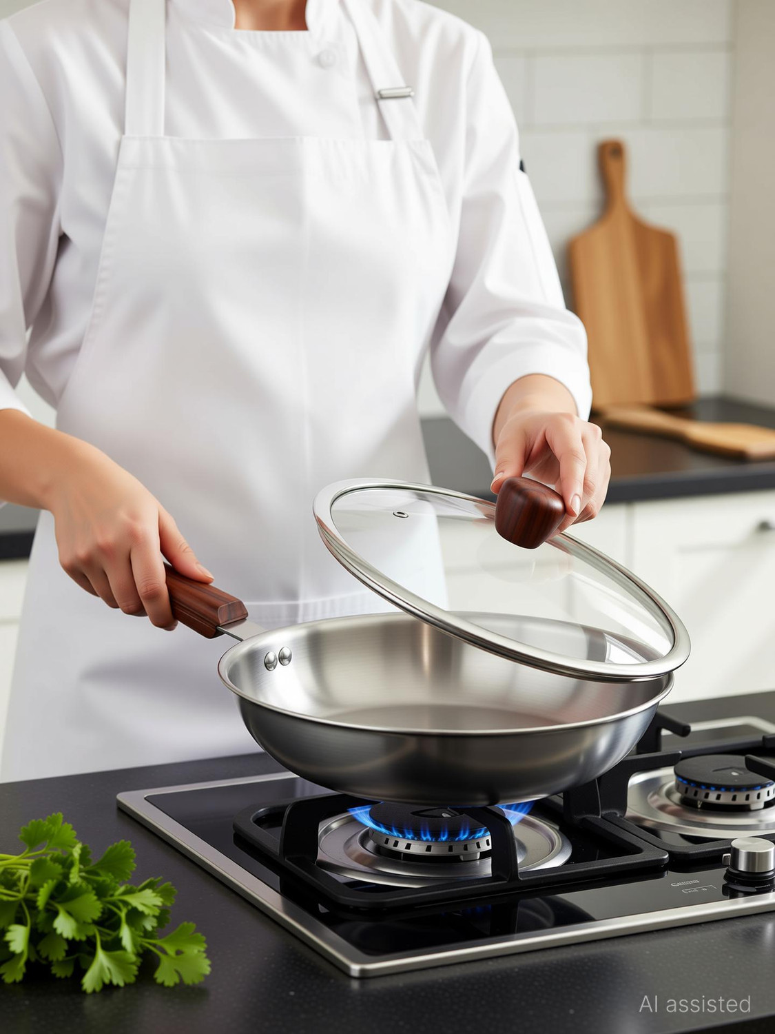 Image of MILTON Pro cook Triply Hexa Tech Induction Glass Lid & Wooden Handle,22cm, Honeycomb Fry Pan 22 cm diameter with Lid 1.25 L capacity