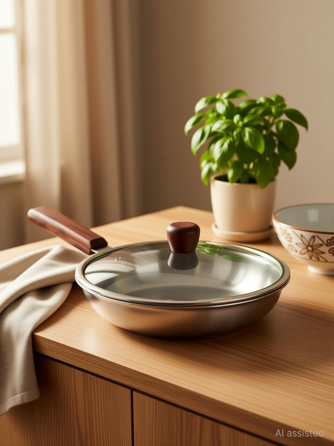 Image of MILTON Pro cook Triply Hexa Tech Induction Glass Lid & Wooden Handle,22cm, Honeycomb Fry Pan 22 cm diameter with Lid 1.25 L capacity