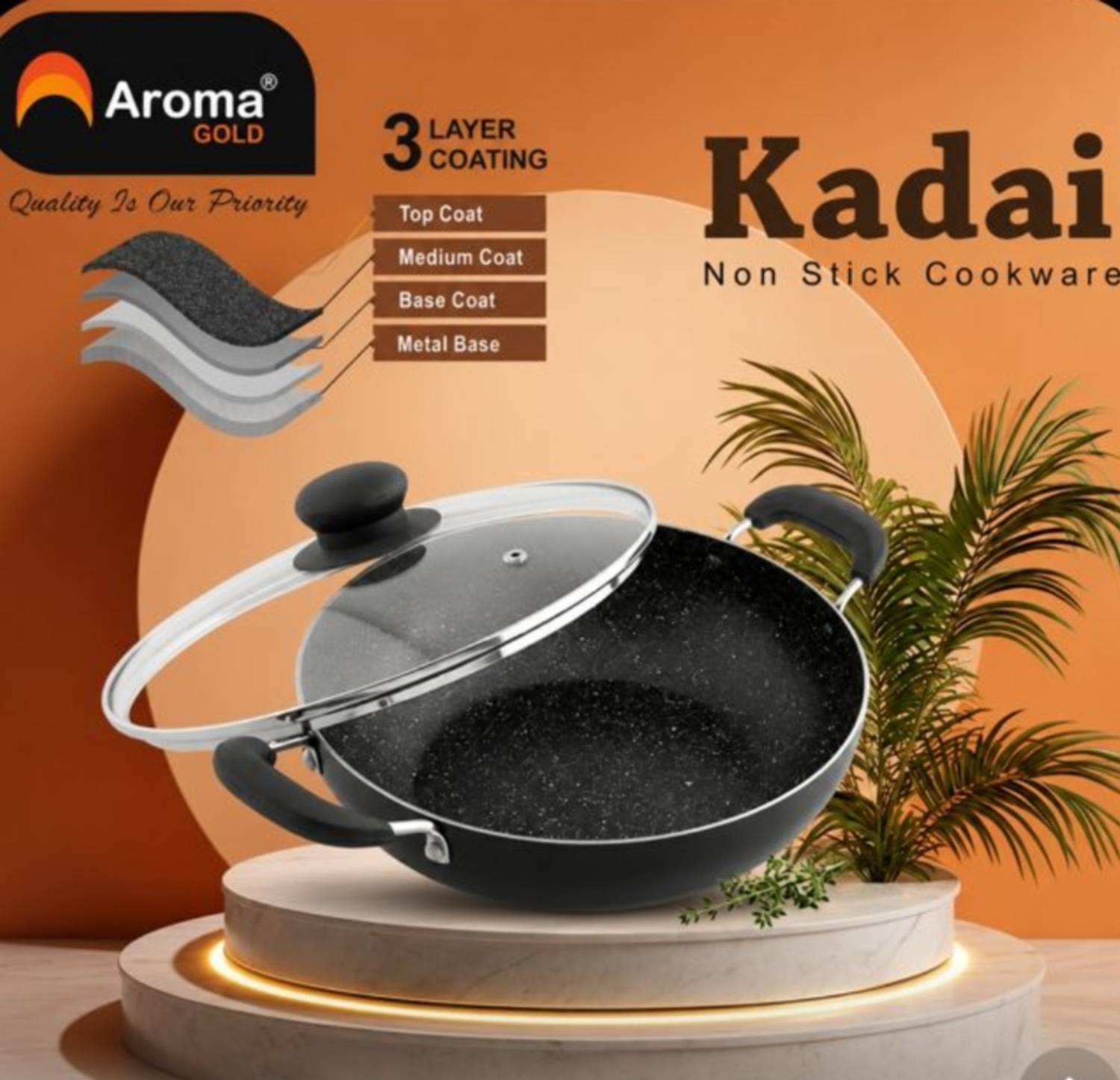 AROMAGOLD Premium Granite Deep with Toughened Glass Lid Non Stick Kadhai 26 cm diameter with Lid 3 L capacity — Kadai & Handi