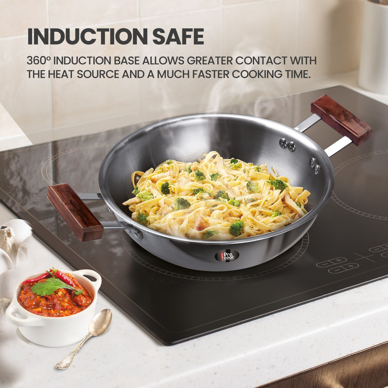 Image of MILTON Pro cook Triply Hexa Tech Induction with Glass Lid & Wooden Handle,20 cm Kadhai 20 cm diameter with Lid 1.5 L capacity