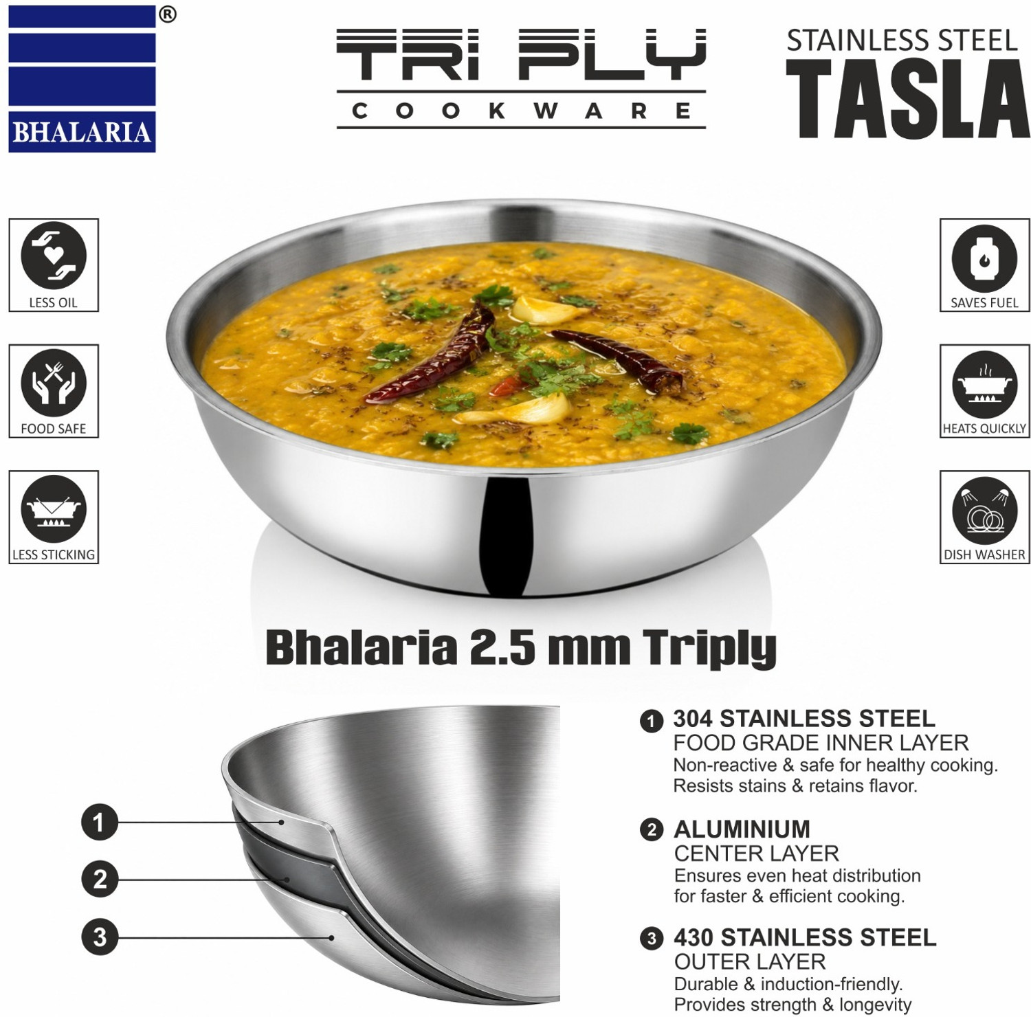Image of bhalaria Triply Tasla with Handle | Gas & Induction Compatible Tasla with Lid 4.5 L capacity 32 cm diameter