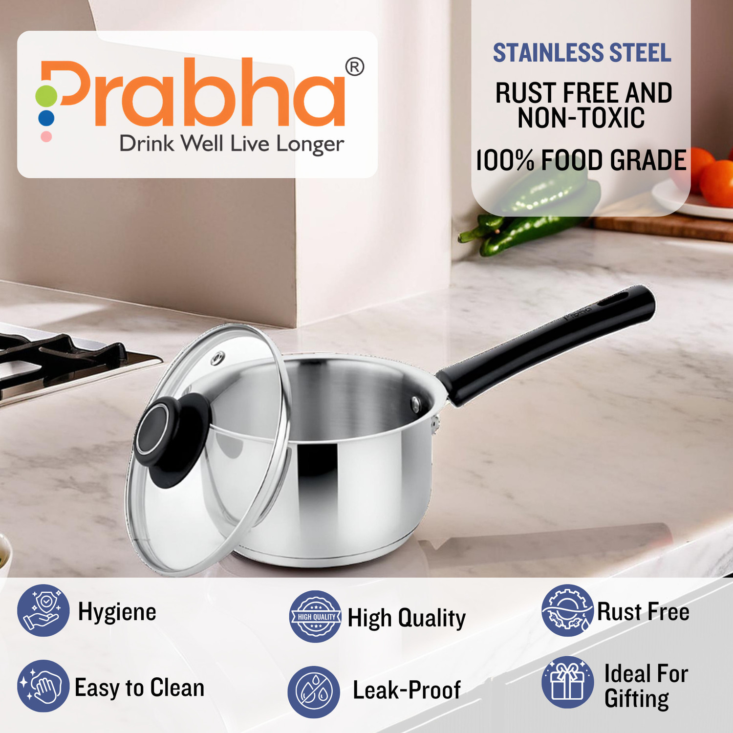 Image of PRABHA by Prabha Saucepan | Saucepan Stainless Steel | Saucepan with lid | For Multipurpose Use Sauce Pan 16 cm diameter with Lid 1.5 L capacity